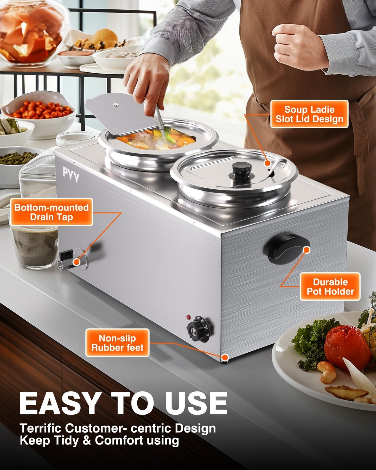 PYY Soup Warmer Commercial - Two 11.6QT Stainless Steel Bain Marie Round Pot 86~185°F Adjustable Temp, 1500W Electric Soup Warmer Countertop with Anti-Dry Burn and Reset Button for Restaurant, Buffet
