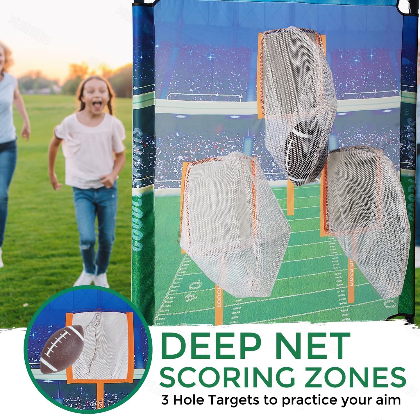 GOODLYSPORTS Football Toss Game with 4 Inflatable Balls + 66" Throwing Target - Football Target Practice for Kids + Football Gifts for Boys 8-12 - Carnival Games for Kids + Yard Games for Adults