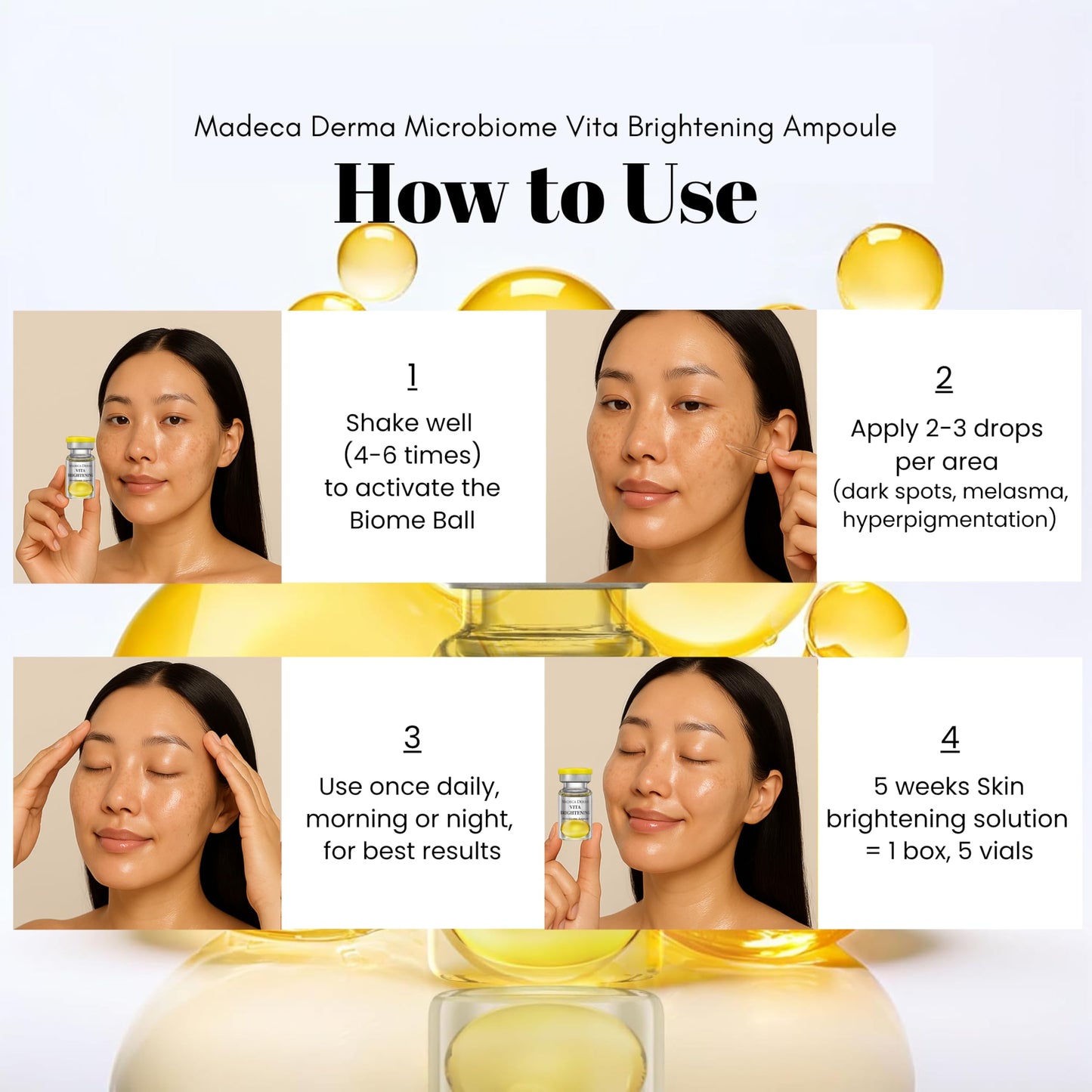 MADECA DERMA Vita Brightening Microbiome Ampoule – Brightening with Vitamins C & E, Hyaluronic Acid & Antioxidants, Korean Skincare for Radiant, Even Tone & Dark Spot Care (0.23 fl oz x 5 Bottles)