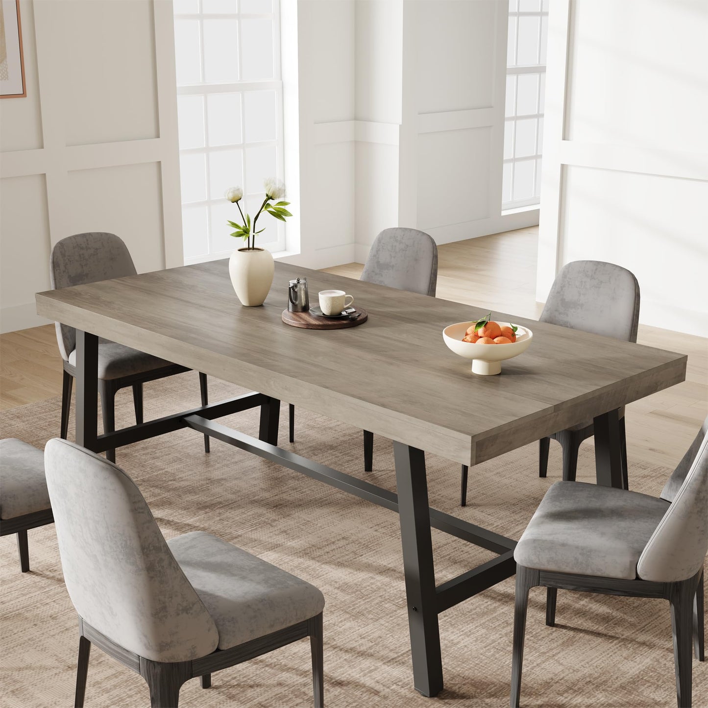 GarveeHome Industrial Dining Table for 6-8 People, 70.87" Long Wooden Kitchen Table with Sturdy Metal Frame & Grey Finish, Seats 6 Rectangular Counter for Dinner, Kitchen, Dining Room - Grey
