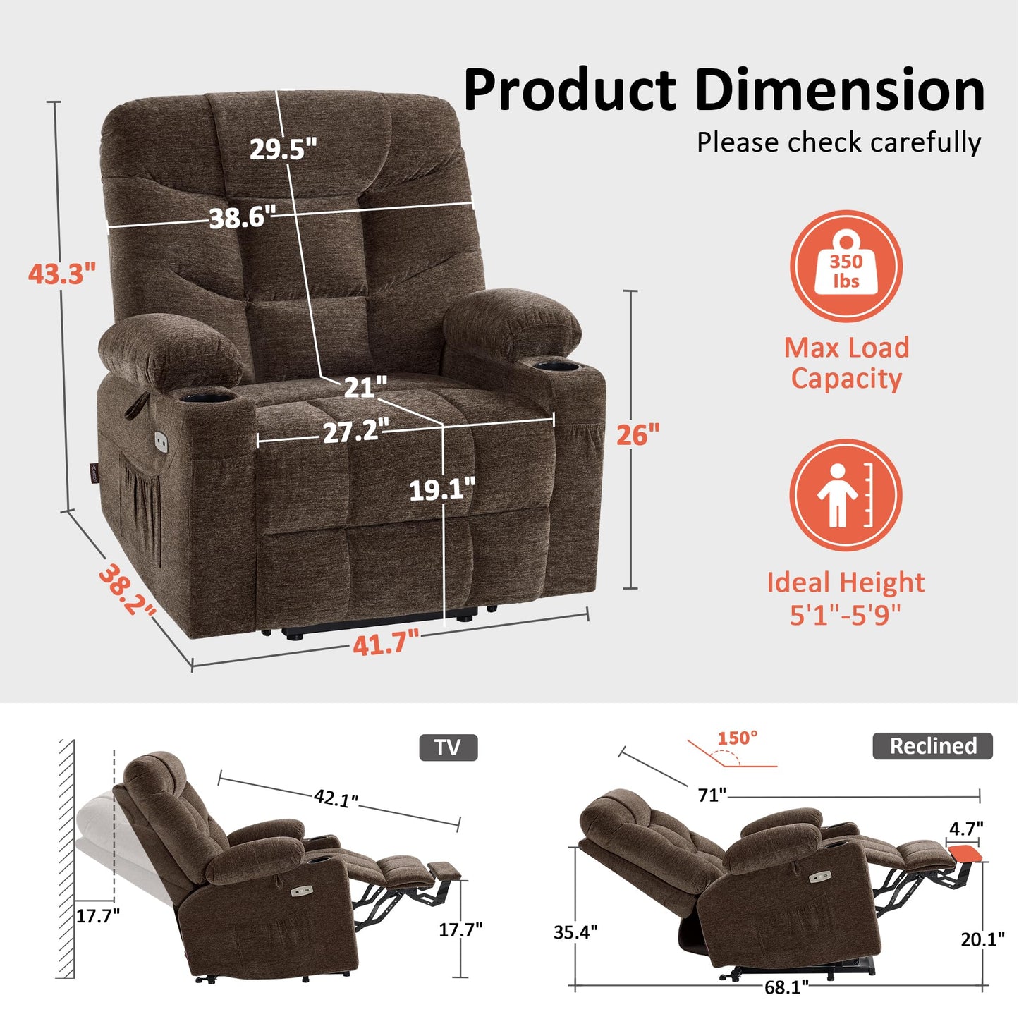 MCombo Oversized Power Lift Recliner Chair with Extended Footrest, Extra Wide 27.2" for Big and Tall Elderly People, Fabric R7289 (Brown, Medium-Oversize)