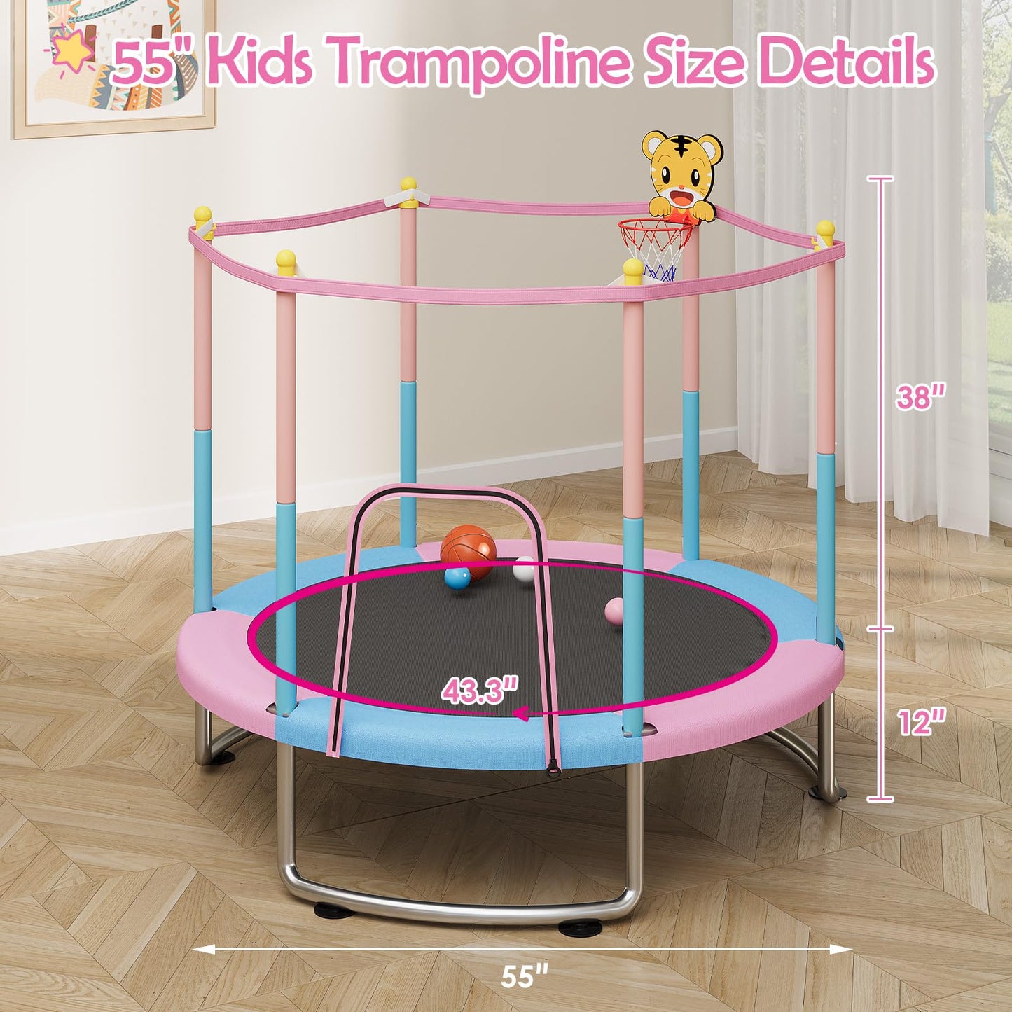 55" Kids Trampoline with Safety Net – 440lbs Capacity, Upgraded Rust-Proof Ring Legs, Adjustable Gymnastics Bar & Toys – Indoor Outdoor Toddler Trampoline for Boys & Girls Ages 1-8 (Pink)
