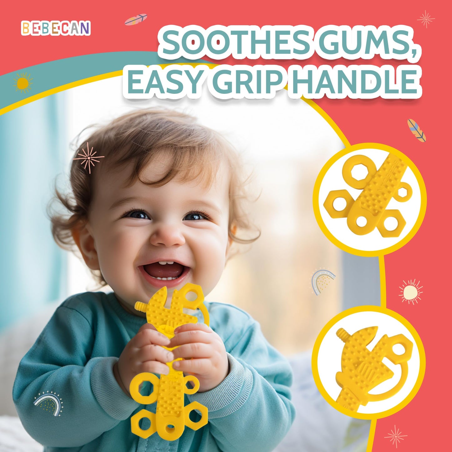 BEBECAN Teething Tools Teether for Baby - 5 Premium Food-Grade Silicone Baby Boy Teething Toys, 2 Straps for Safety and Travel Bag Tool Toys Provide Soothing Relief and Healthy Development.