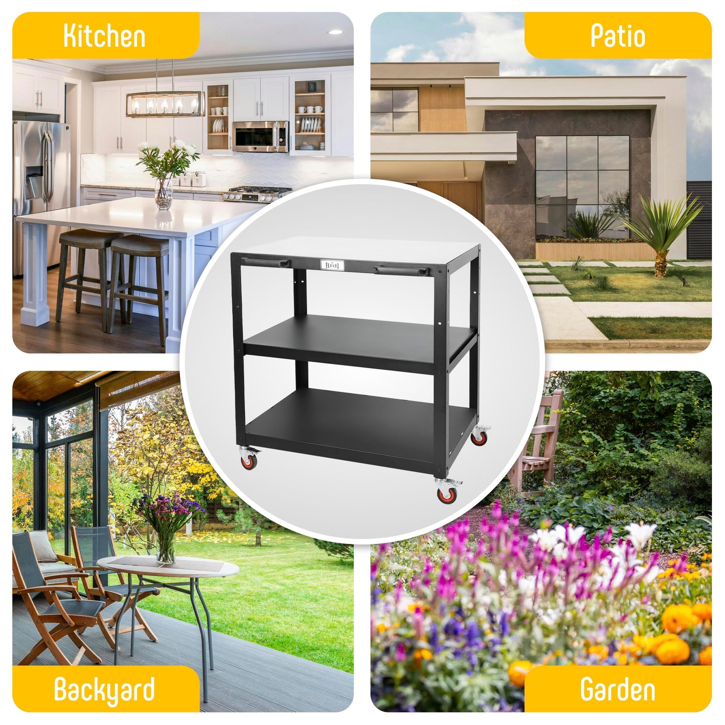 Feasto 36''x 24'' Large Movable Pizza Oven Table for Outdoor, 304 Stainless Steel Grill Cart with Wheels, 3-Shelf Outdoor Kitchen Prep Table Pizza Oven Stand on Wheels for Pizza Oven& Griddle