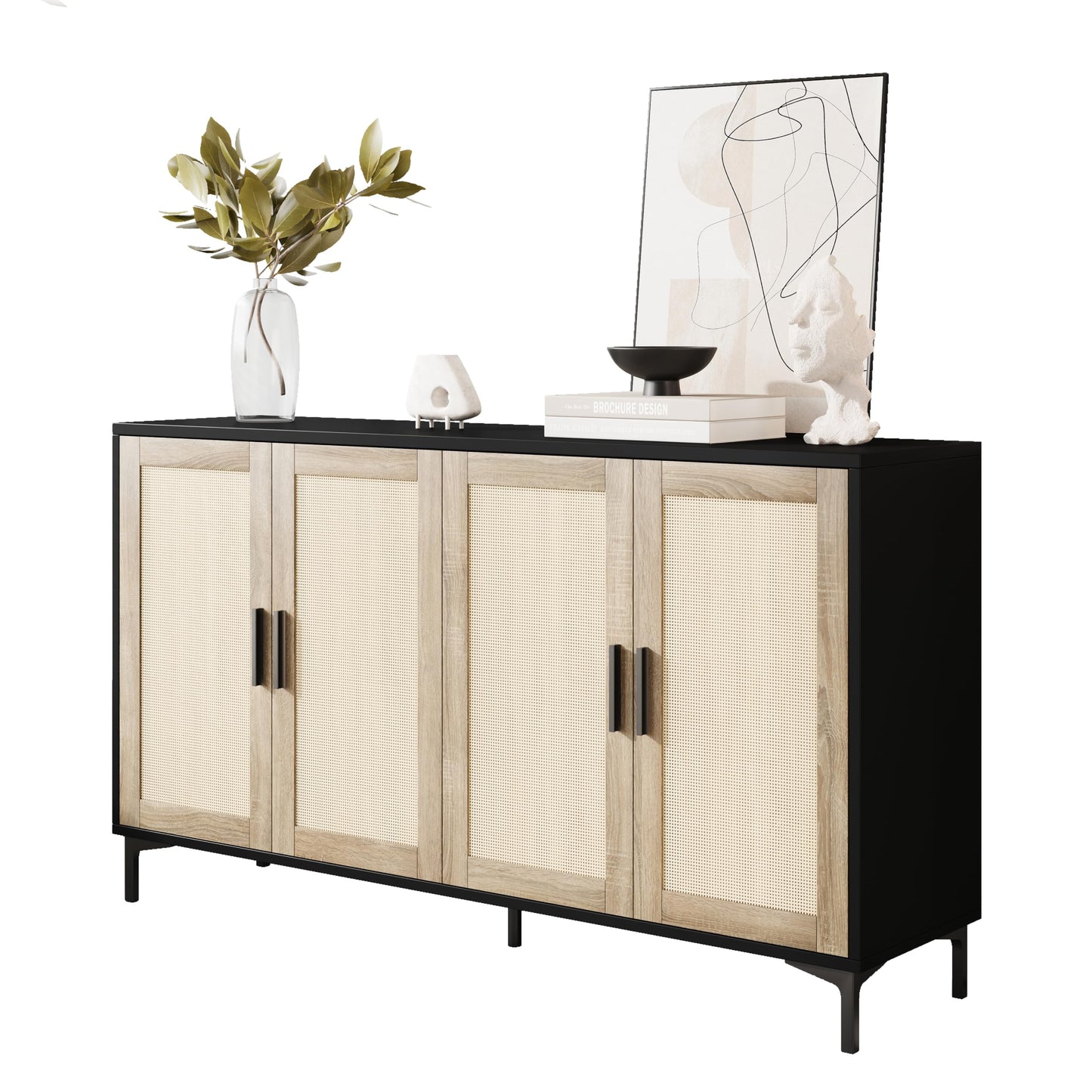 JASIWAY Buffet Cabinet with Storage, 48" Rattan Sideboard with Adjustable Shelves, Modern Coffee Bar Cabinet Console Table with Doors, Credenza for Kitchen, Living Room, Entryway, Dining Room, Black