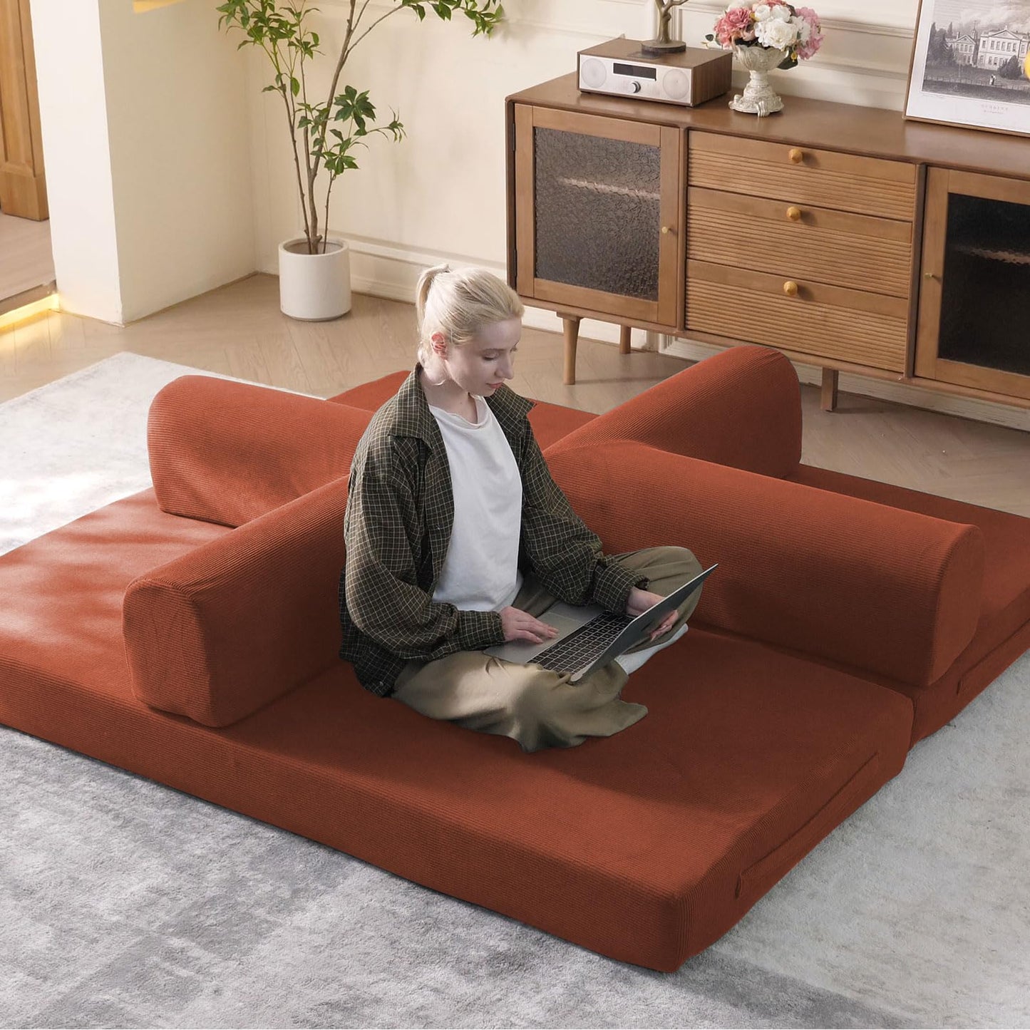 WHGBJA 79" Convertible Sleeper Sofa Bed with Cylindrical Pillow, Corduroy Folding Mattress Couch with Fixed-Shape Frame, Floor Sofa Lounge Couch for Living Room Bedroom Lounge Studio