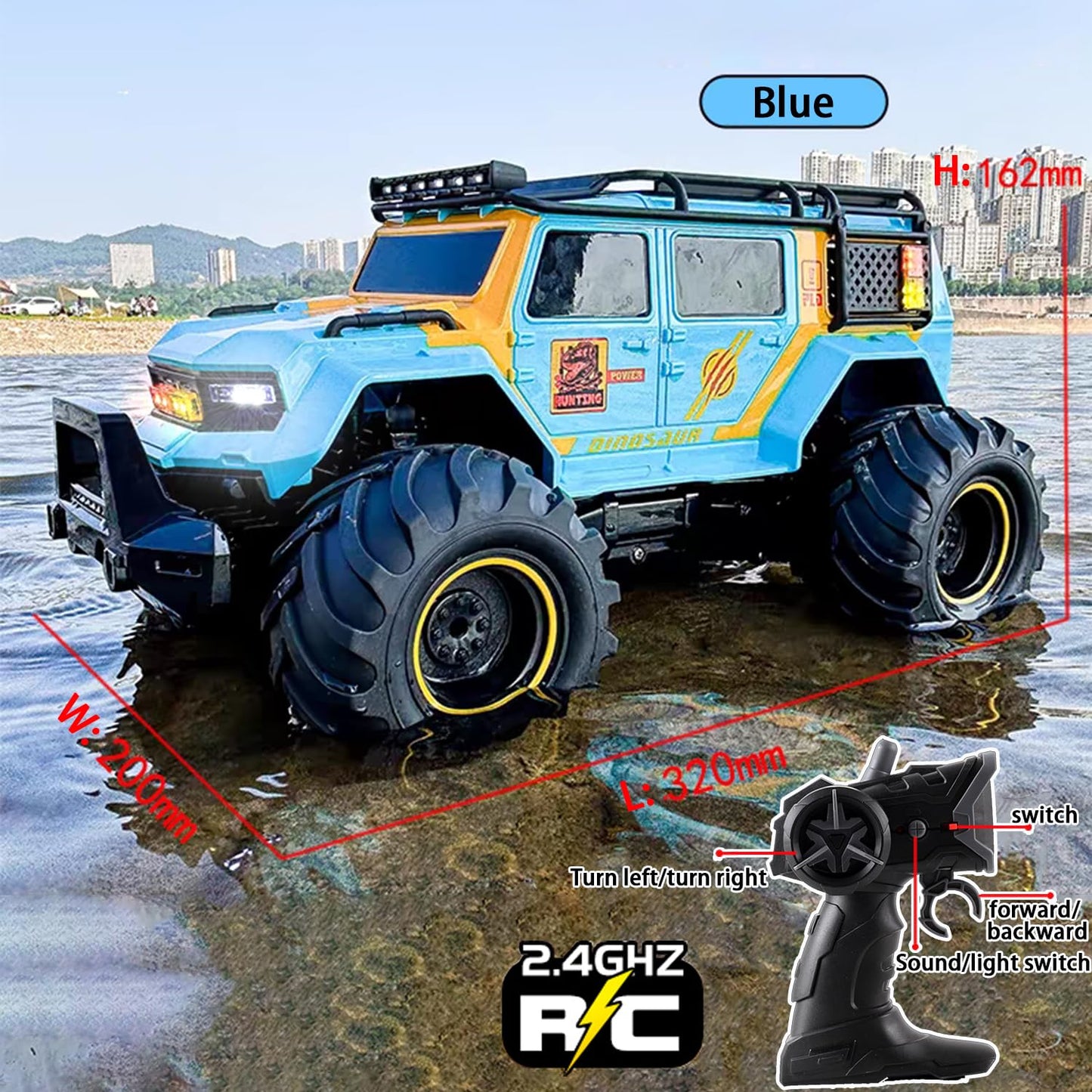 Amphibious Remote Control Car Waterproof Monster RC Cars 4WD All Terrain Off-Road Stunt Vehicle Toys with 2.4 GHz LED Lights for 6 7 8 9 10 11 12+ Year Old Kids Boys Girls Gifts Presents (Blue)