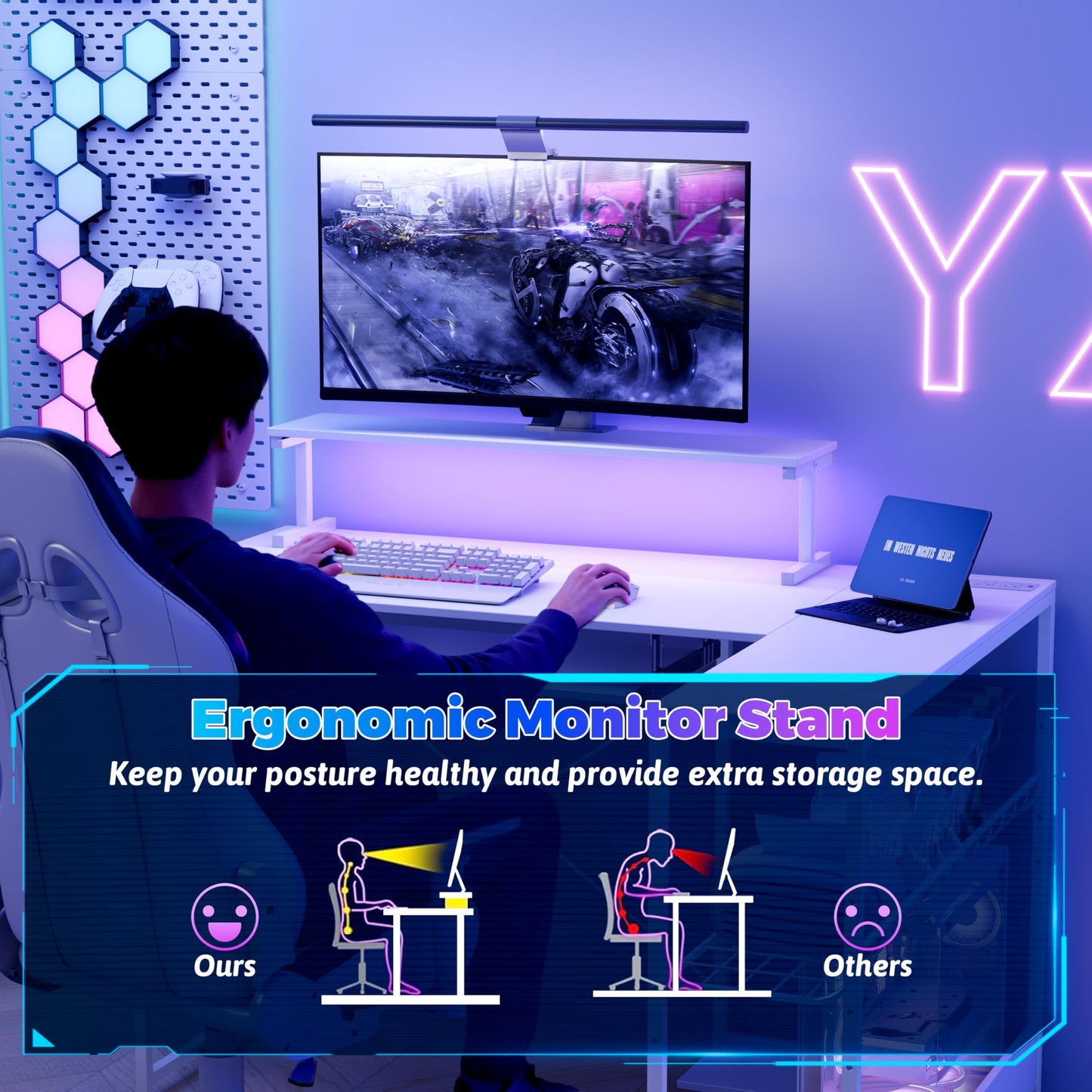 BORNOON Computer Desk, L Shaped Gaming Desk with Monitor Stand & Storage Shelf & LED Light & USB Power Outlet, Reversible Shelves Corner Table with Keyboard Tray for Gaming, Home Office, Study