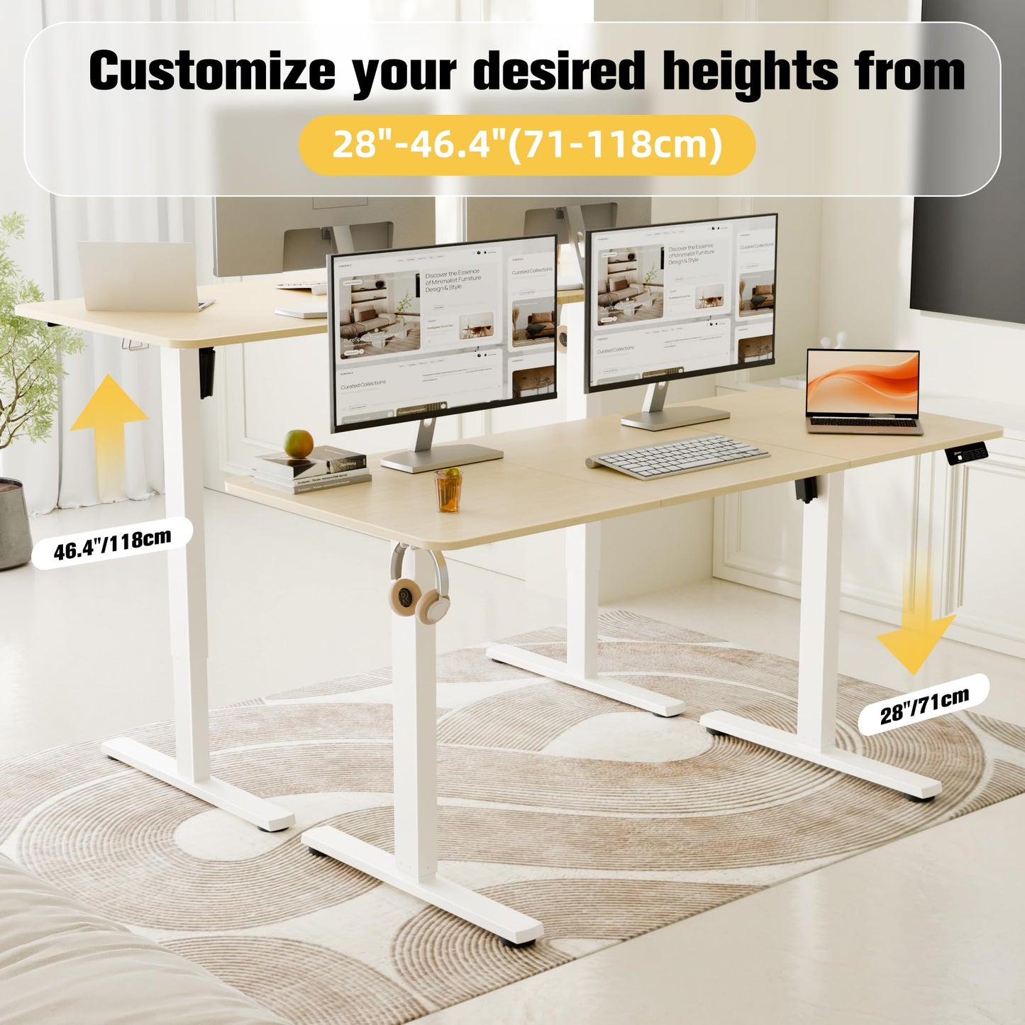 ERGOMAKER Electric Standing Desk, 55" x 23.6" Height Adjustable Sit Stand Desk with Splice Board for Home Office, Computer Desk Memory Preset (White Frame, Gold Oak Desktop)