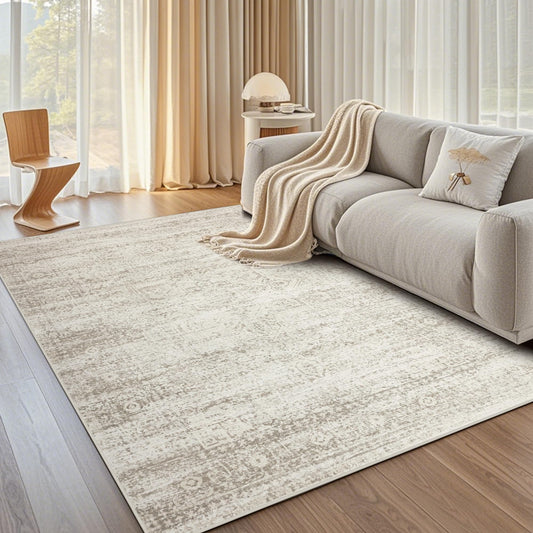 Srugn Washable Area Rug for Living, Bedroom & Dining Room, Ultra Soft Faux Wool Retro Large Carpet, Non-Slip/Shedding Low Pile Vintage Print for Home Office Decor, Beige Ivory Cream Brown Camel, 5x7