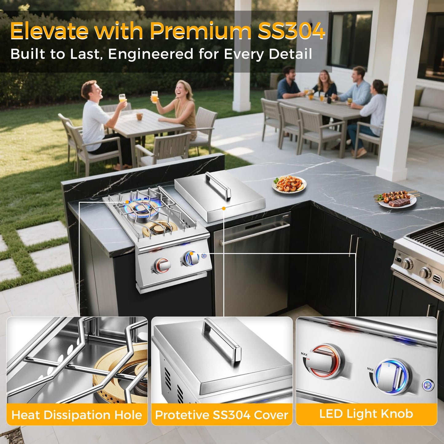 Huishenplus Grilling Side Burners for Outdoor Kitchen, 2 * 18,000BTU Liquid Propane Side Burner,Convertible to Natural Gas, Duty Heavy 304 Stainless Steel, Built-in Double Burner for BBQ Island Grill
