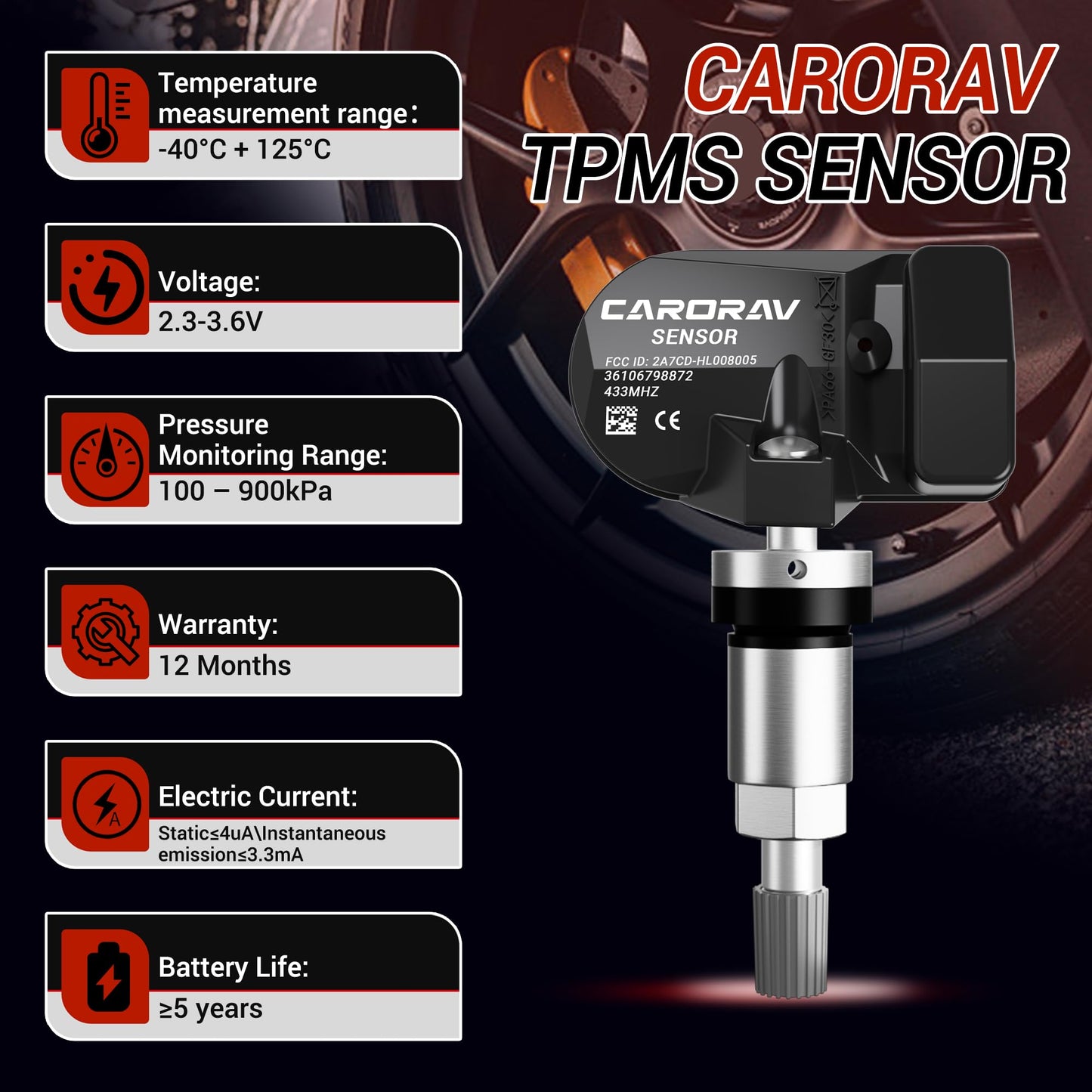 CARORAV 433Mhz Tire Pressure Monitoring System Sensor Compatible for BMW Rolls Royce MINI Ferrari, TPMS Sensor Replaces 36106798872 36106890964 F11001648001B 4 Pack - 4 Replaceable Valve Stems