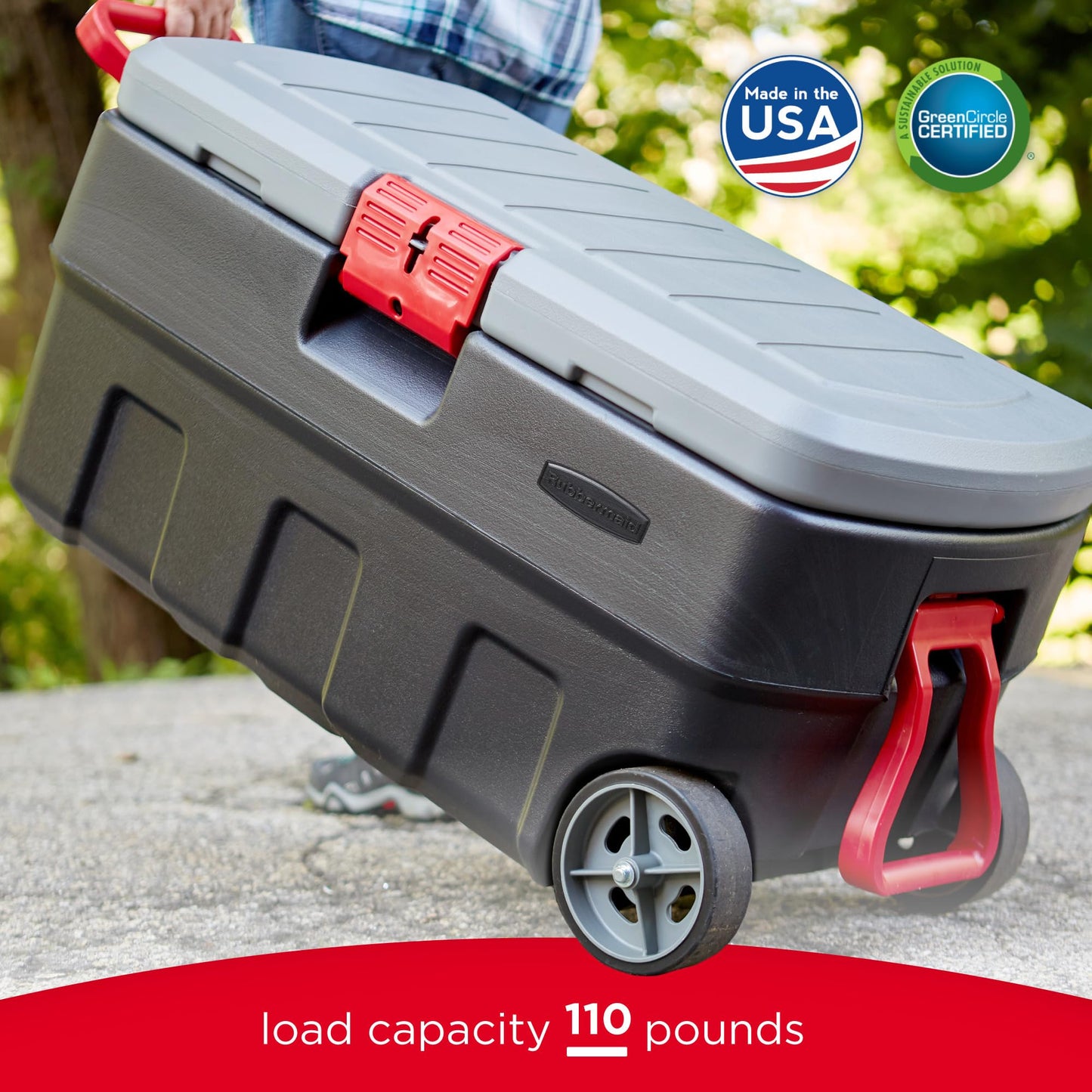 Rubbermaid ActionPacker 35 Gallon, Made in USA, Lockable Plastic Storage Bin with Lid and Wheels- Outdoor, Industrial, Rugged, Camping Gear and Truck Bed Storage - Gray and Black
