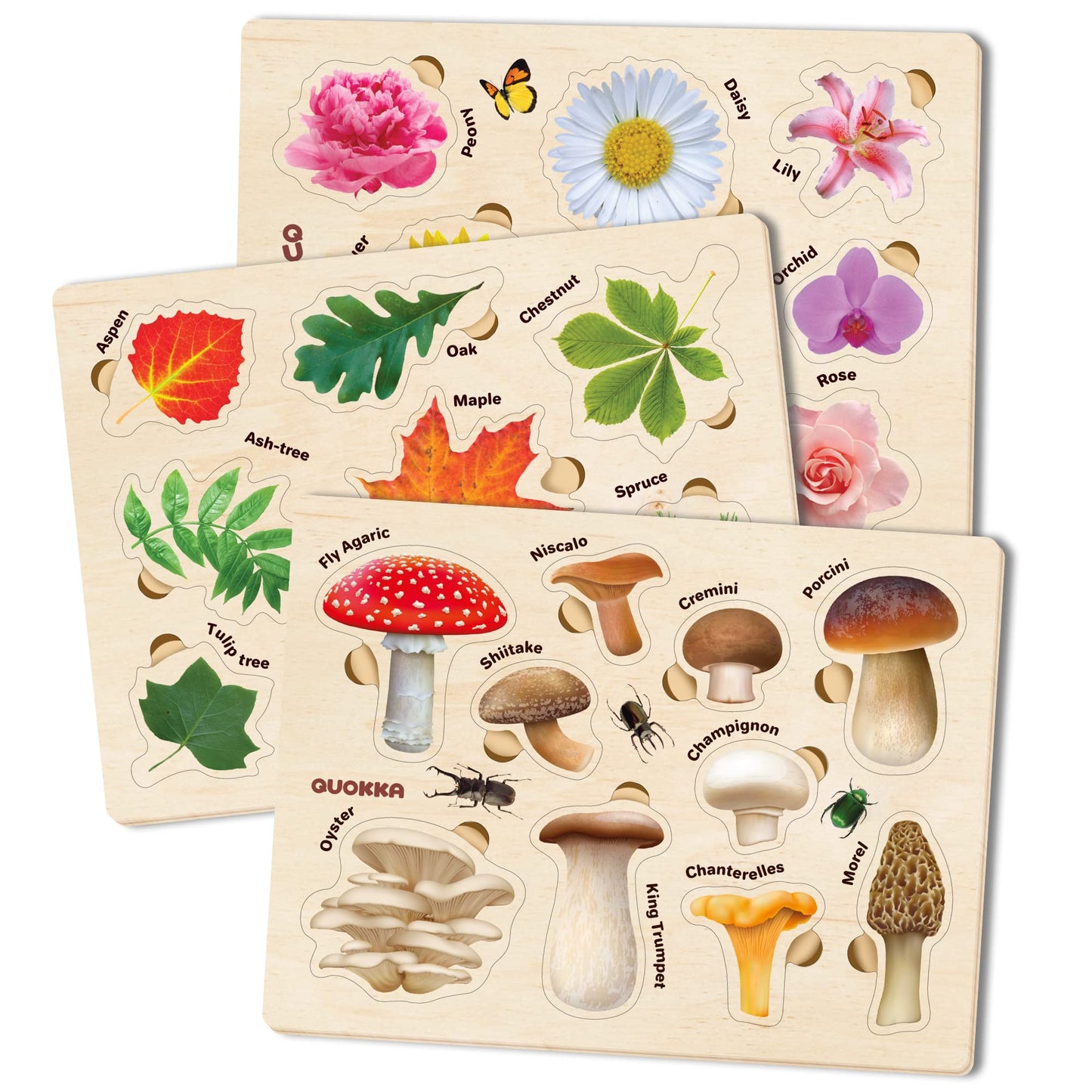 QUOKKA Wooden Puzzles for Toddlers 2-4 – 3X Set Montessori Toys Puzzles for Kids Ages 3-5 – Wood Educational Baby Game 12-18 Months – Gift Learning Mushrooms Flowers Leaves for Boy & Girl 3-5