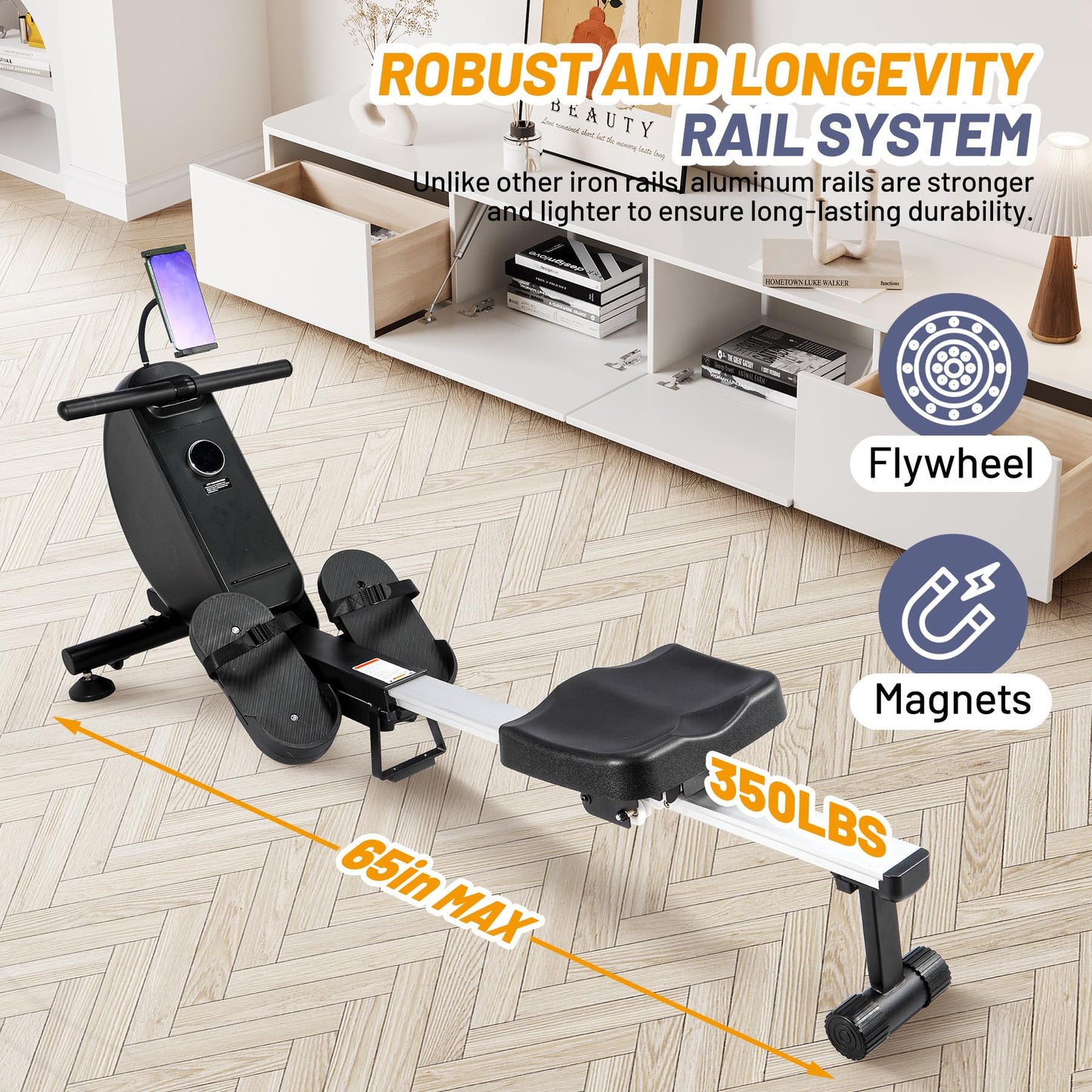 GarveeLife Magnetic Rowing Machine, Self Powered Rower Without Power Cord, Quiet Rower Machine with 16 -Level Adjustable Resistance, 350 LB Weight Capacity, Free Snailcle App