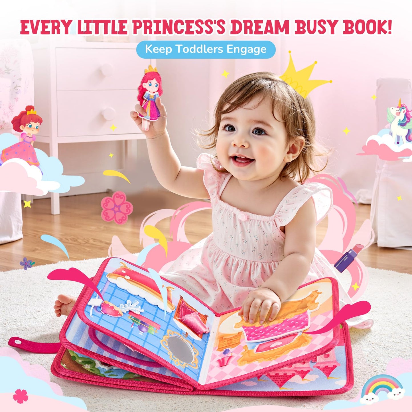 JoyCat Travel Toys for Toddlers 1-3, Princess Busy Book – Busy Book for 1 Year Old, Dress-Up, Unicorn & Castle Play –Quiet Toy Fine Motor Skills, Easter Basket Stuffers Gifts for Kids Girl