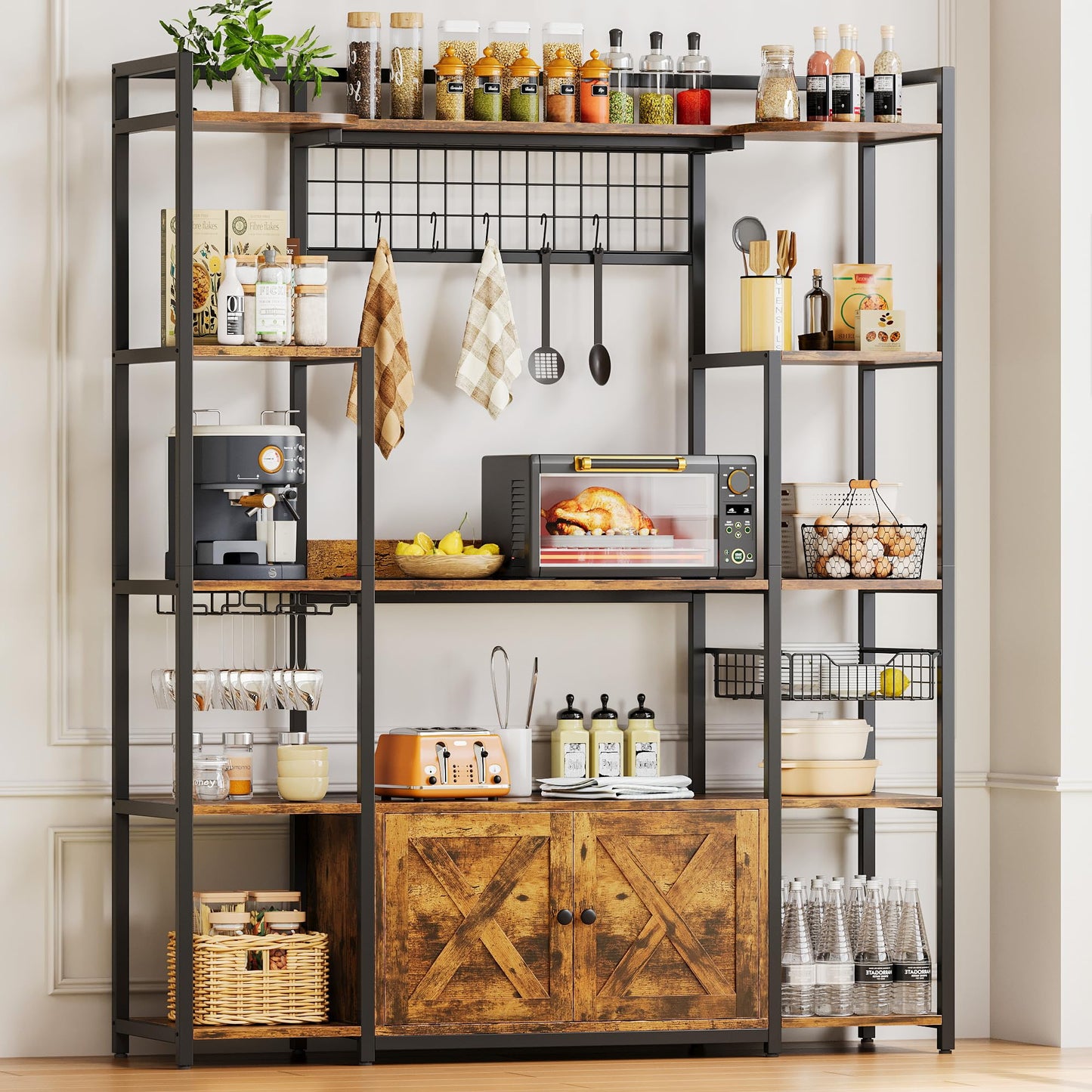 IRONCK Bakers Rack with Power Outlet, 54.7 Inch Coffee Bar Cabinet, Kitchen Bakers Rack with Storage, Microwave Stand with Shelves, Globlet Holder and 5 Hooks, Vintage Brown