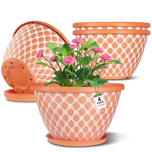 Nooulap 4 Pack 10 Inch Flower Pots with Drainage, Plastic Planters for Indoor Outdoor Plants, Orange Lattice Design Plant Pots for Balcony Patio Porch Garden Decor