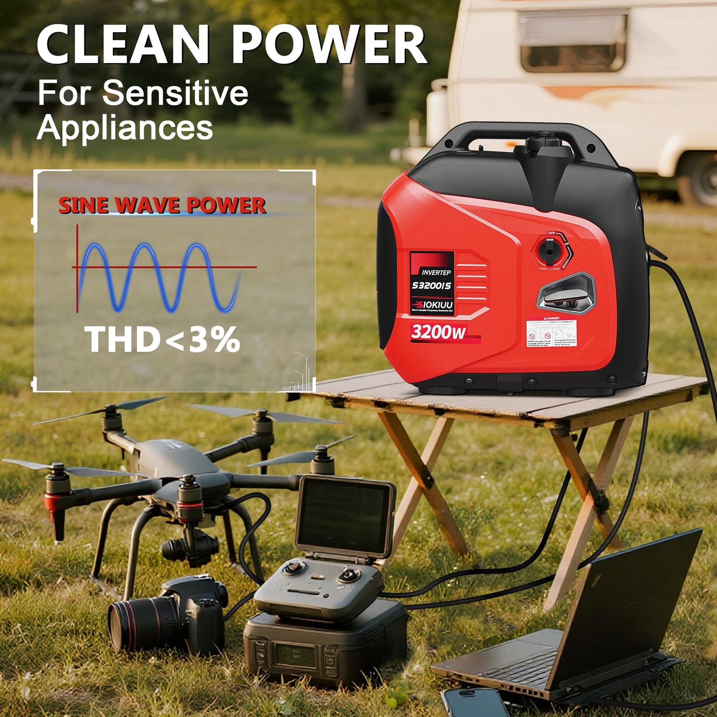 SIOKIUU 3200W Portable Generator Super Quiet Inverter Generator Ultra Lightweight for Home Backup Outdoor Camping, CO Sensor Protect, EPA, ECO Mode