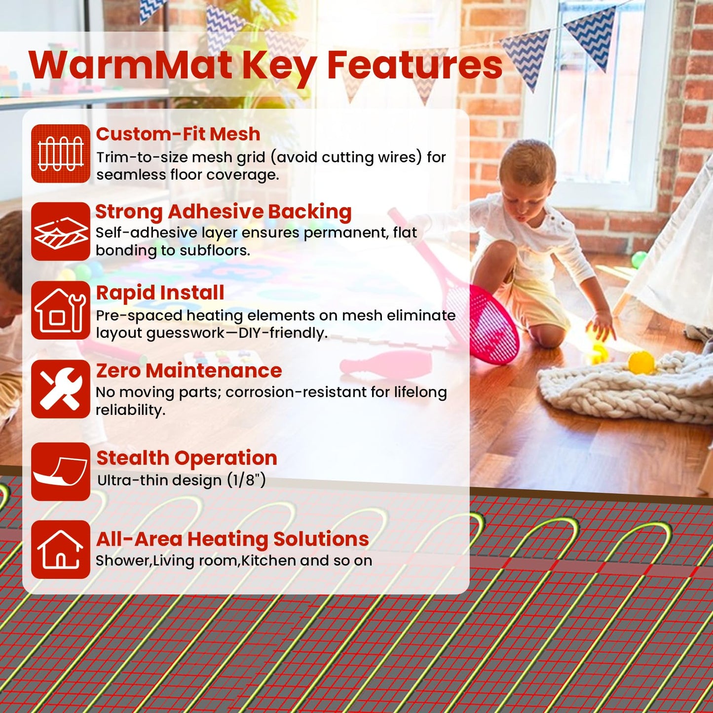 60 sqft HEATIT Warmmat Electric Radiant Self-adhesive Floor Heat Heating System & ET-7AW Thermostat & Alarm Monitor