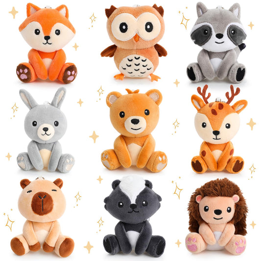 Aoriher 9 Pcs Small Forest Stuffed Animals Bulk 4 Inch Mini Woodland Plush Toys Deer Rabbit Owl Skunk Capybara Raccoon Hedgehog Brown Bear Fox for Kids Baby Shower Birthday Party Favors