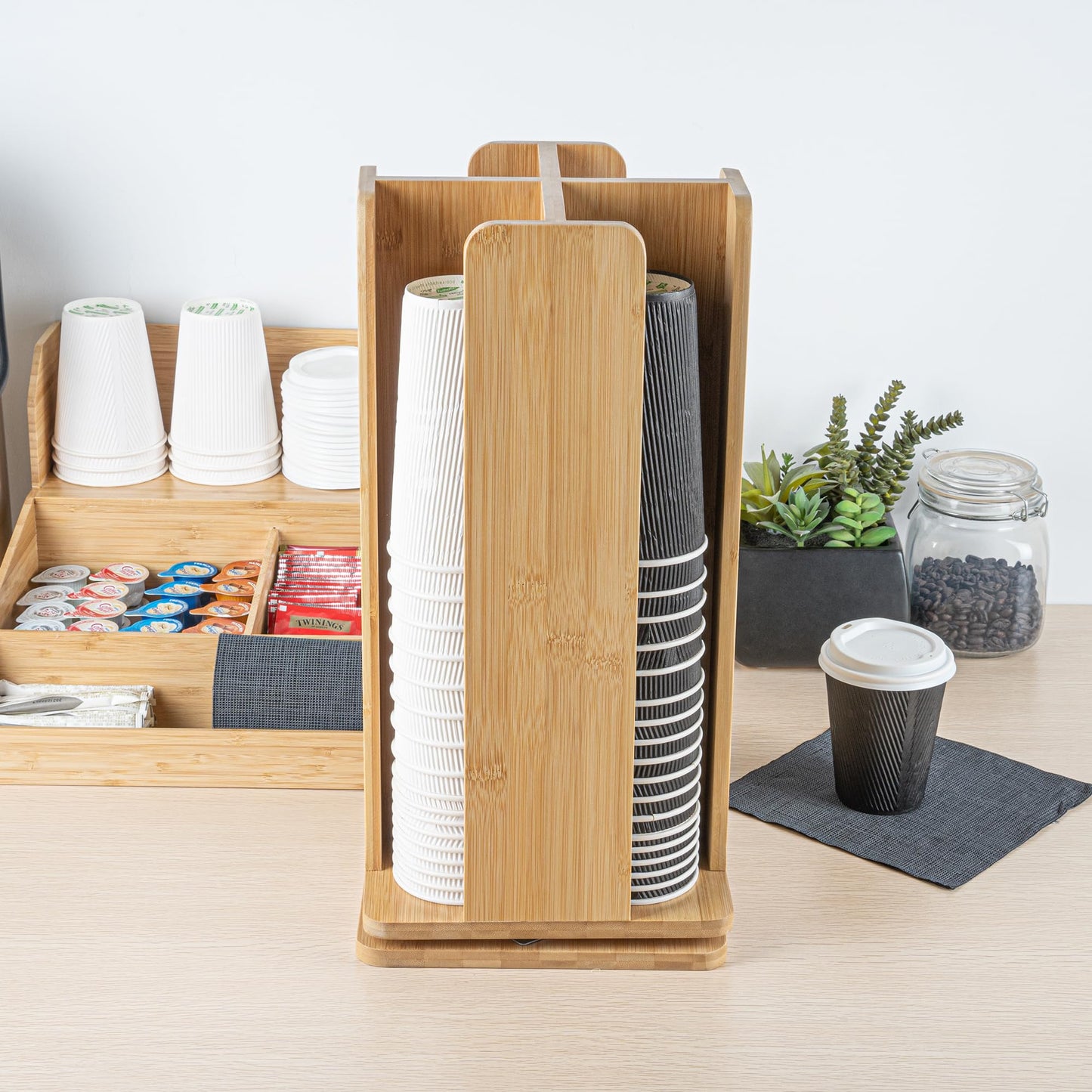 Restaurantware Restpresso 9 x 18 Inch Coffee Cup and Lid Organizer 1 Revolving Cup and Lid Holder - 4 Section Countertop Natural Bamboo Cup and Lid Dispenser For Restaurants Homes or Offices