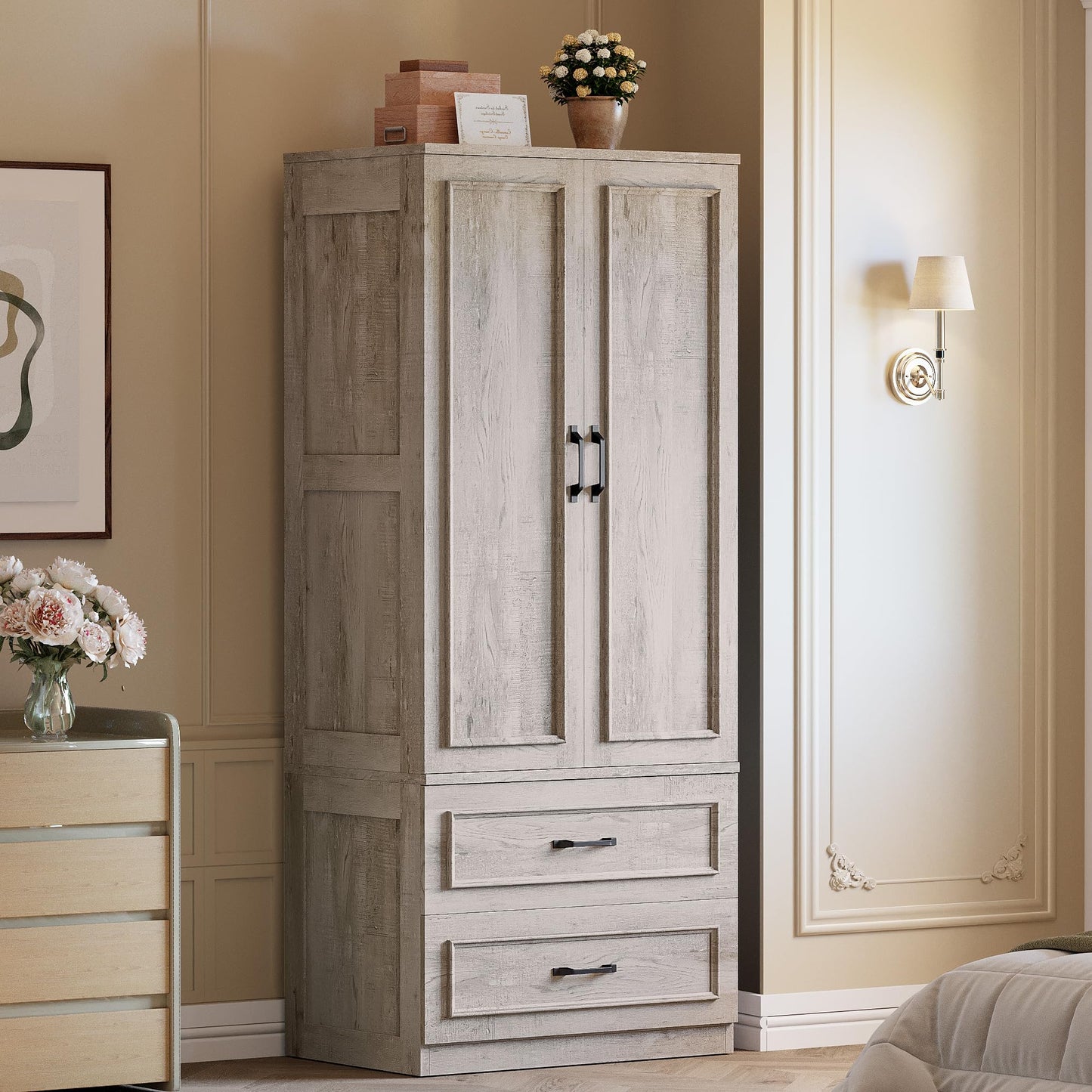 LIKIMIO Armoire Wardrobe Closet with 2 Doors and 2 Drawers 70" H x 28" W Wooden Bedroom Freestanding Wardrobe Combination for Hanging Clothes, Rustic Maple
