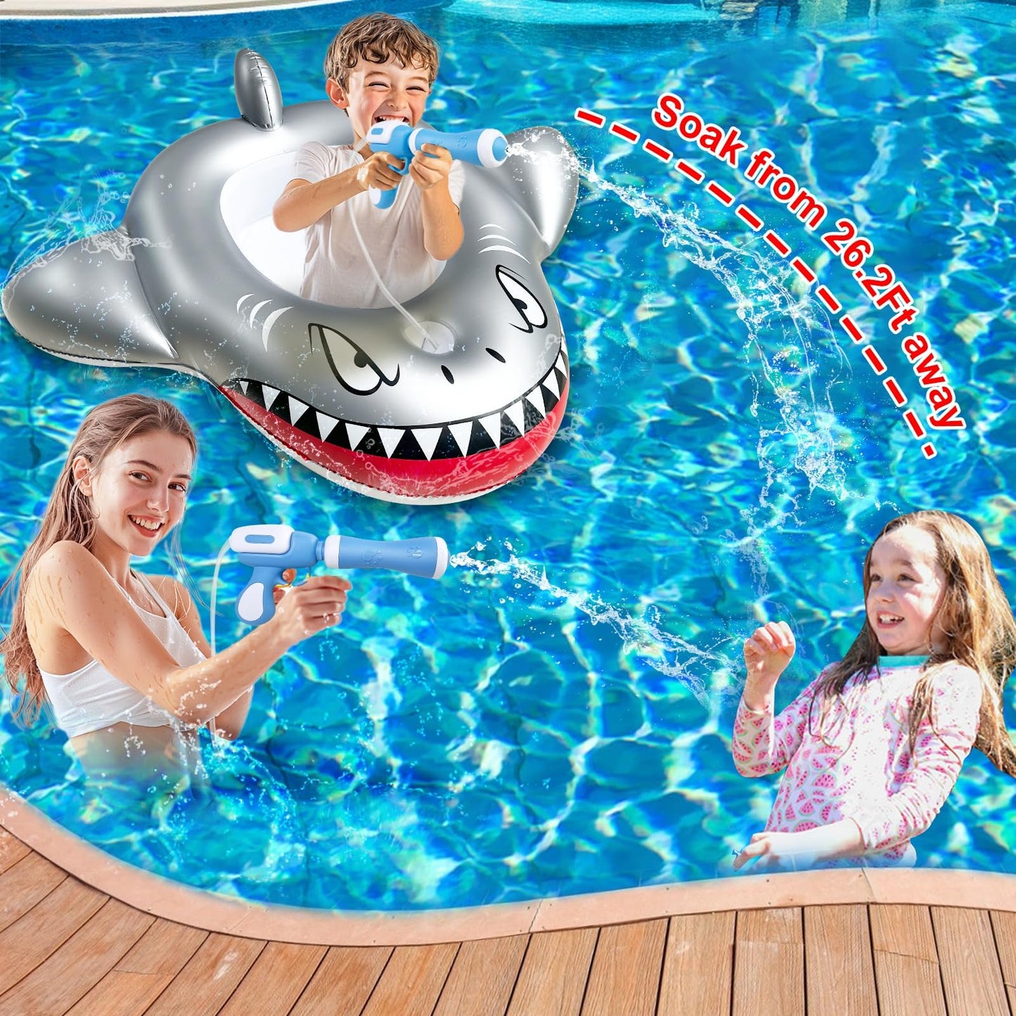 2 Pack Inflatable Shark Pool Floats Kids 3-11 Years, Kids Floaties Swimming Pool Toys with 2 Water Squirt Guns Boys Girls Party Float Ride-on Toddler Floatie with Safety Seat Summer Outdoor Water Game