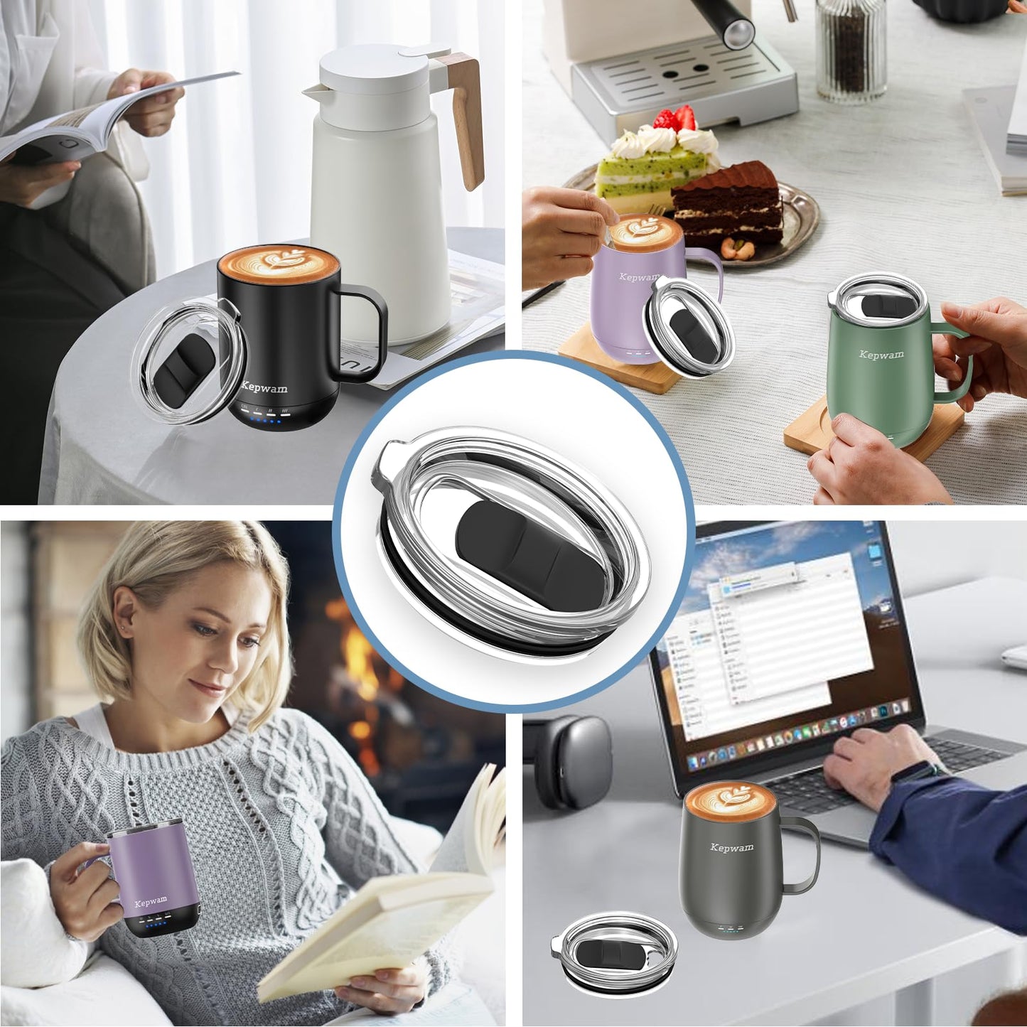 Kepwam Replacement Lid for Heated Coffee Mug – BPA-Free Sliding Lid, Spill-Resistant, Heat Retention Cover – Compatible with Kepwam Smart Mug (T1, T2, T2 Plus Models Only) Logo