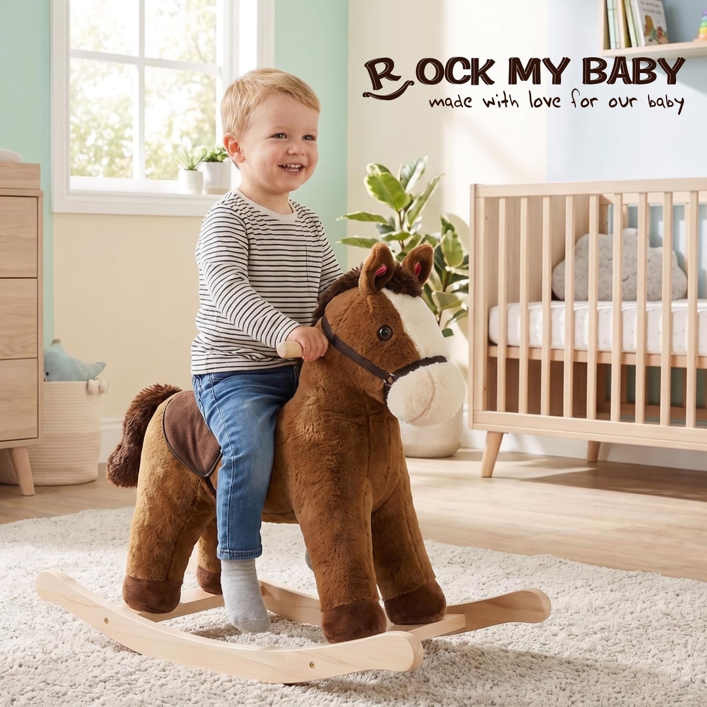 Rock My Baby Rocking Horse, Dark Brown Horse Rocker for Toddlers 18M+, Plush Ride on Horse Toy with Realistic Sound,Soft Stuffed Filling, CPC Certified