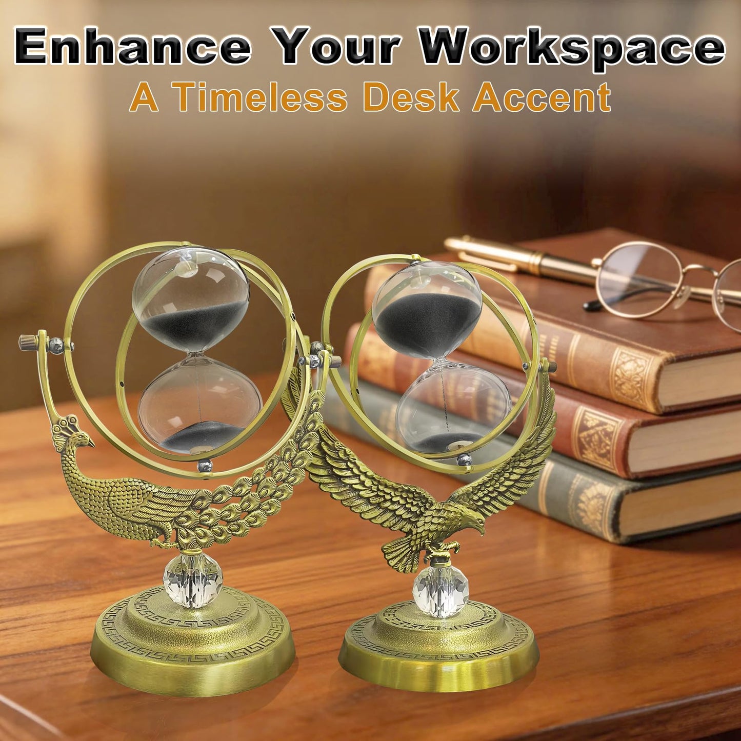Hourglass 60 Minute Sand Timer, 720° Rotating Brass Peacock & Crystal Ball Sand Clock,Antiguo Reloj De Arena 1 Hora, Large Metal One Hour Glass Sandglass for Gifts Office Desk Decor