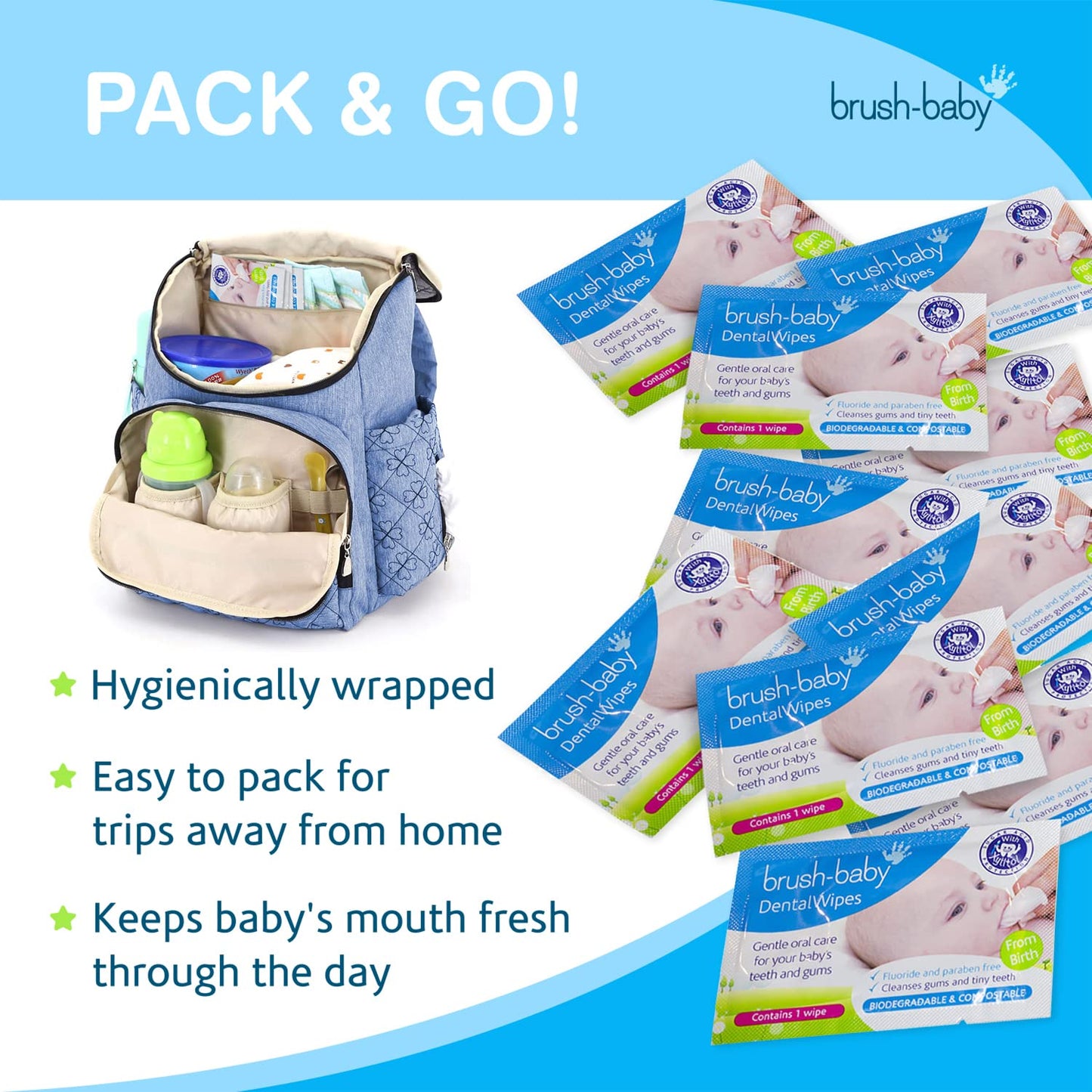 Brush Baby Teething Relief Dental Wipes for Ages 0-Toddler - Naturally Eliminate Teething Pain, Prevent Tooth Decay and Sour Milk Breath - 28 Finger Wipes