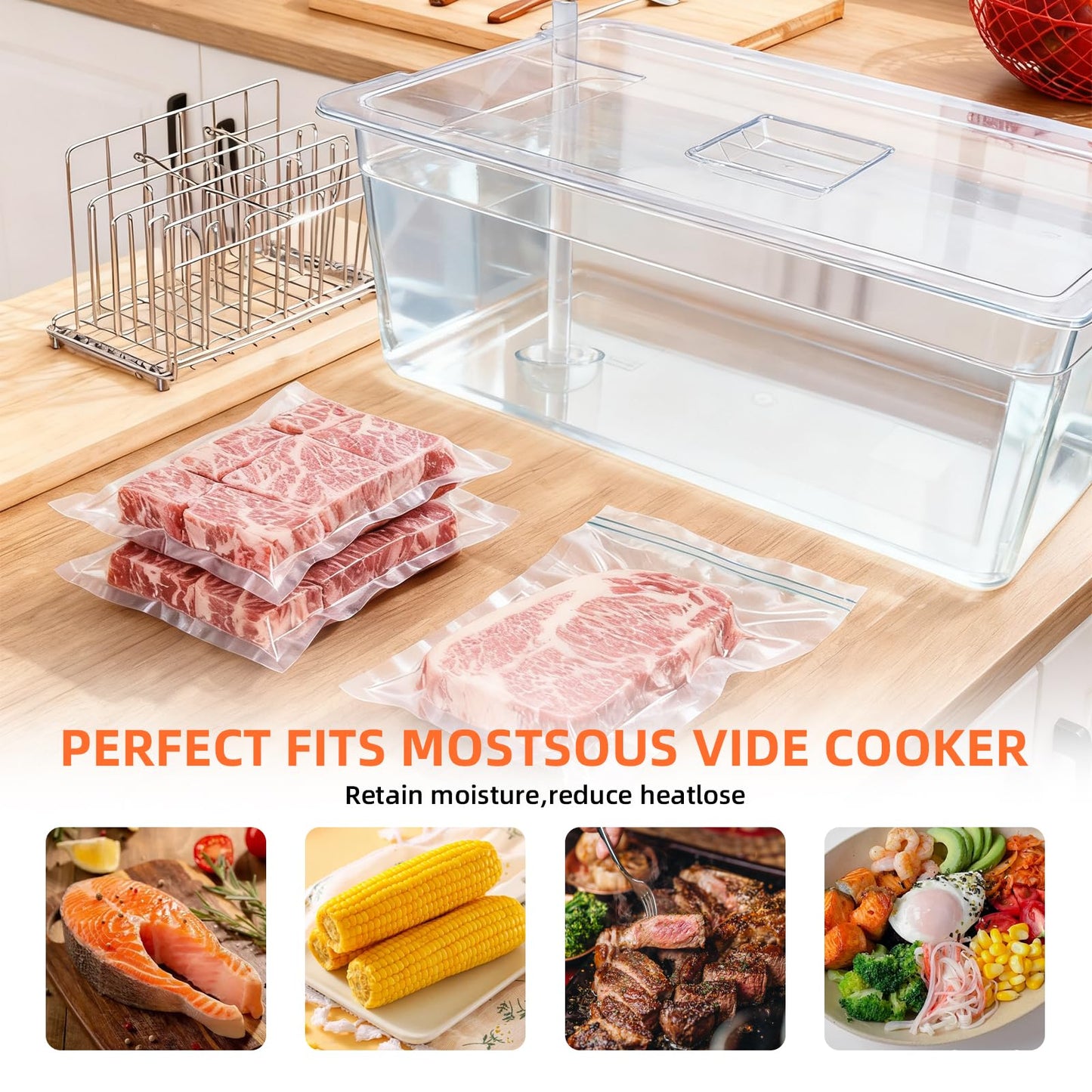 WELKOR Sous Vide Container 26 QT with Lid, Rack & Spoon-Precision Cooking Tub for Anova Nano, Joule, Instant Pot Immersion Circulators - Large Accessories Kit (Square opening)