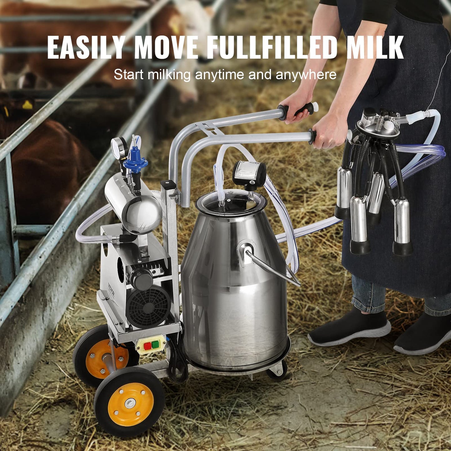 VEVOR Goat Milking Machine, 12 L 304 Stainless Steel Bucket, Electric Automatic Pulsation Vacuum Milker, Portable Milker with Food-Grade Silicone Cups and Tubes, Adjustable Suction for Cows and Sheep