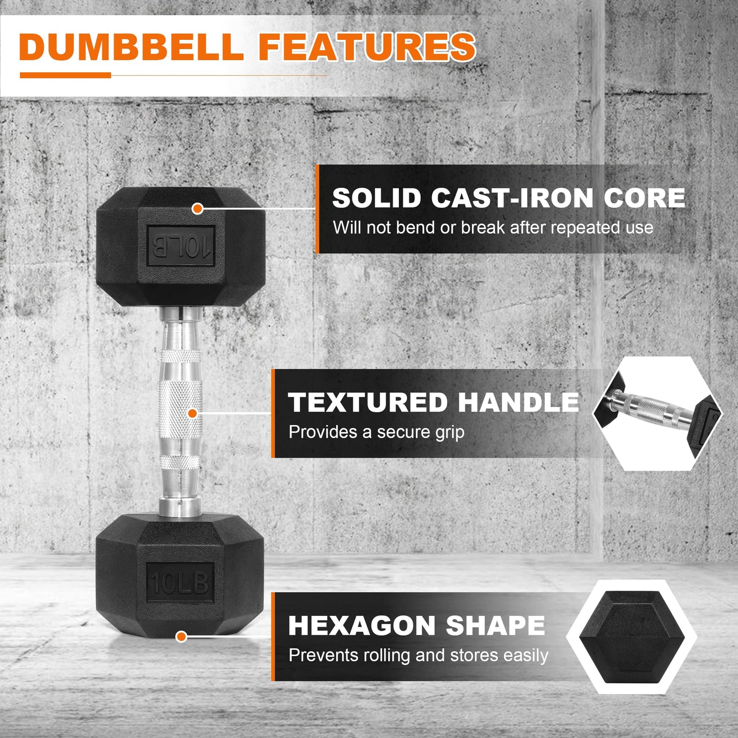 Fitvids 100LB Rubber Encased Hex Dumbbell Weight Set Contoured Handle for Muscle Toning, Strength Building & Full Body Workout