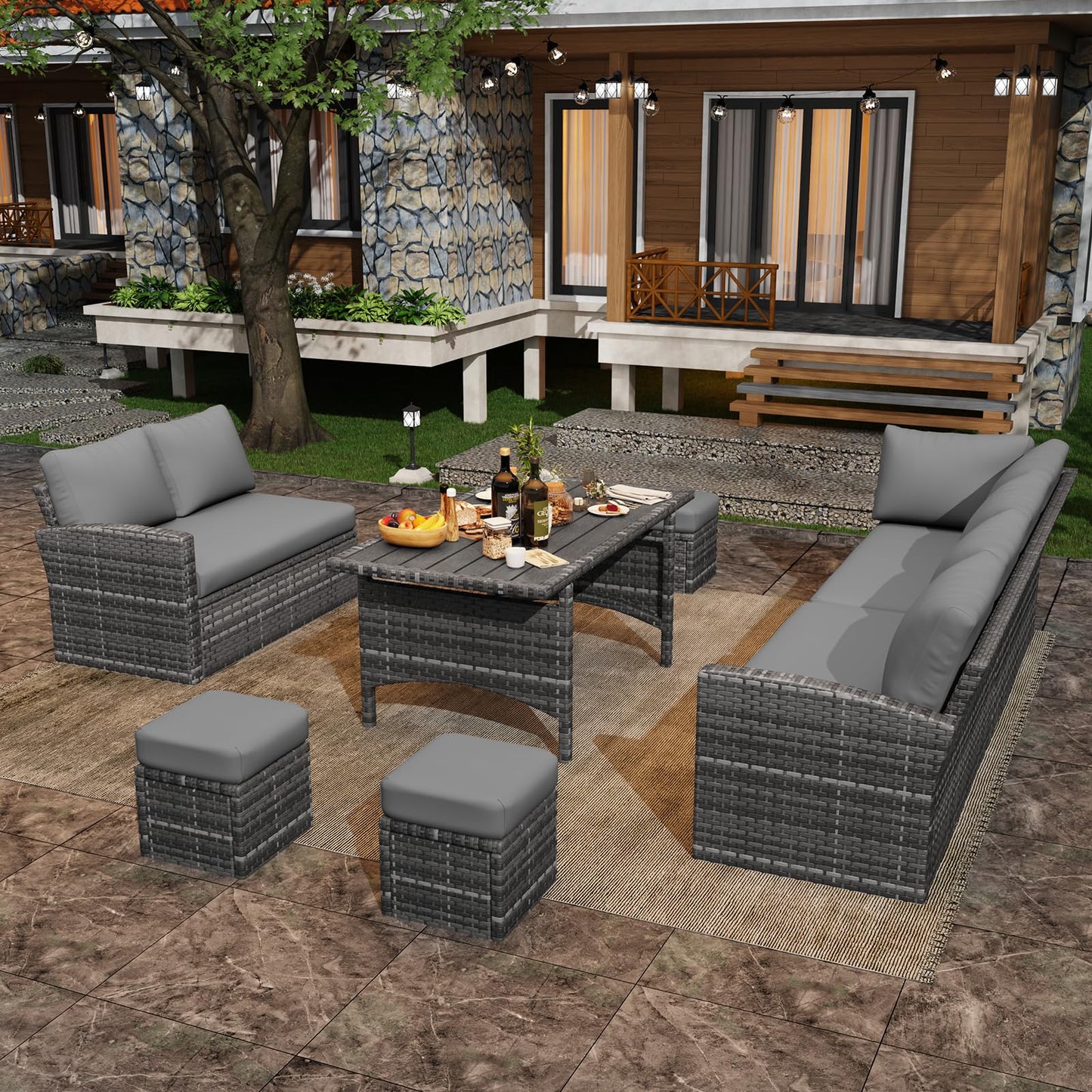 U-MAX 7 Pieces Patio Furniture Set with Waterproof Cover, Outdoor Sectional Sofa Conversation Set, All Weather Wicker Rattan Dining Table & Chair with Ottoman, Grey Rattan&Grey Cushion