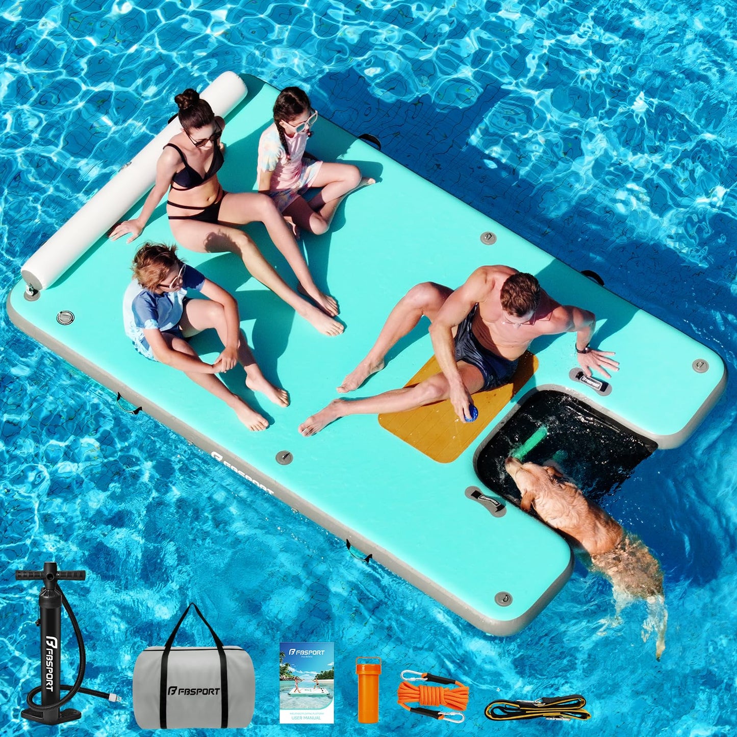 FBSPORT Inflatable Floating Dock with Boat Ramp,Non-Slip Air Dock Floating Platform with Mesh Lounger and Headrest,Inflatable Island Water Raft for Pool Lake Beach Ocean