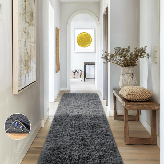 Ophanie Runner Rug for Hallway, 2x6 Upgrade Non-Slip Fluffy Soft Bedside Rugs, Bedroom Living Room Grey Shaggy Gray Carpet for Kids Girls Boys Dorm Nursery Home Decor Aesthetic