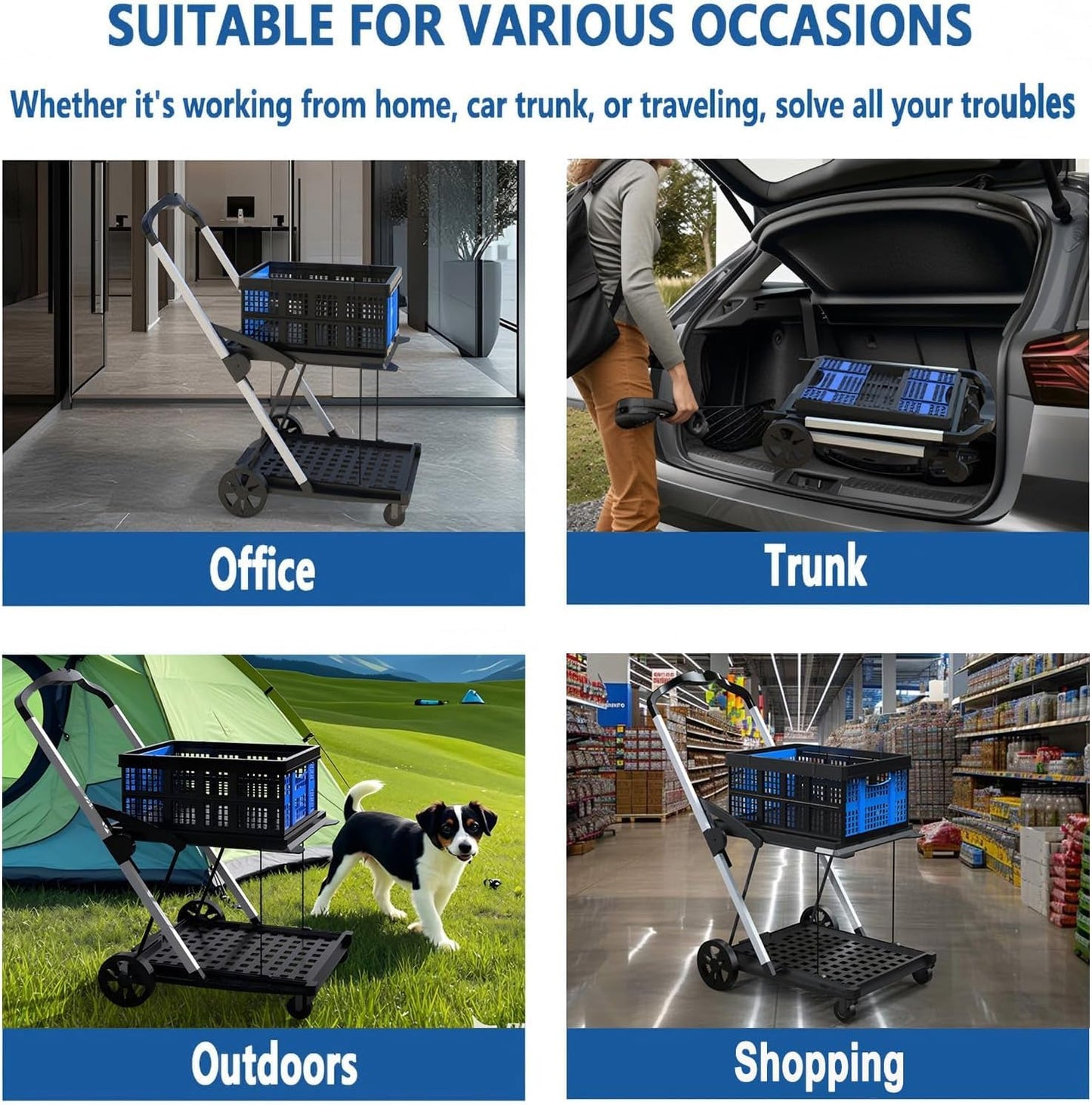 Shopping Cart with 2 Storage Crates, Multi Use Functional Collapsible Carts with 360° Rolling Swivel Wheels Heavy Duty Folding Trolley for Shopping, Picnic and Office