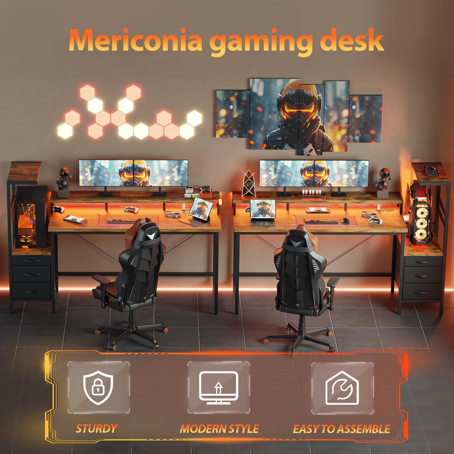 Mericonia Gaming Desk with Power Outlets & LED Lights, Reversible Computer Desk with PC Case Stand, Fabric Drawers, Modern Office Desk with Shelves, Monitor Stand (DJK-Rustic Brown, 51 inch)