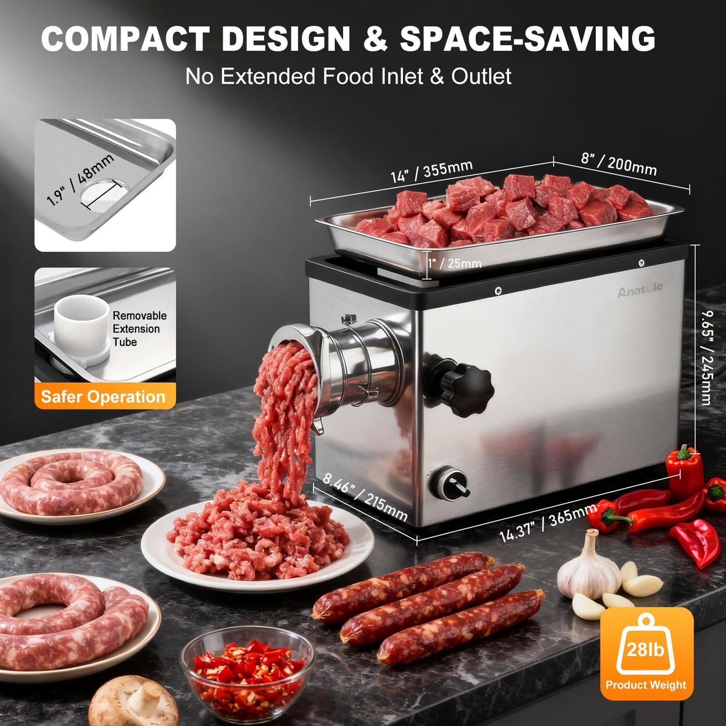 Anatole Commercial Electric Meat Grinder 1.5 HP 1100 W All Stainless Steel Meat Bones Mincer Heavy Duty Sausage Stuffer with 4 Grinding Plate 2 Blades for Restaurant Hotel 110V