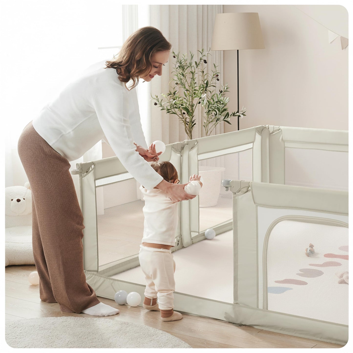 Sweeby Baby Playpen, Foldable Playpens for Babies and Toddlers with Gate, Large Playpen with Door Play Yard for Baby Fence Indoor and Outdoor Portable Play Pen,(59"x59", Beige)