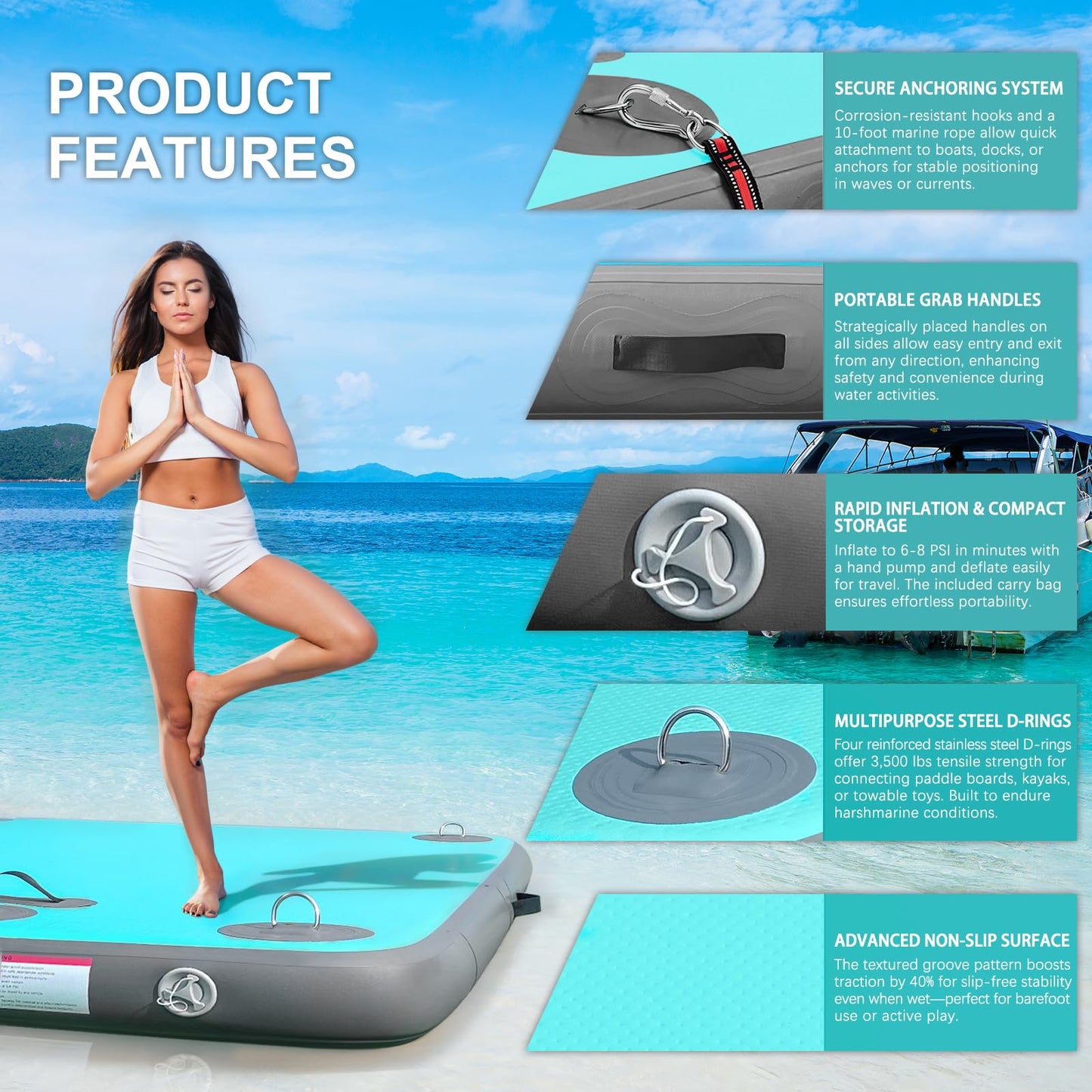 AWSUM Inflatable Floating Dock Air Dock Platform, 6ft x 5ft Floating Island Raft with Non-Slip Surface for Lake Pool Beach Ocean