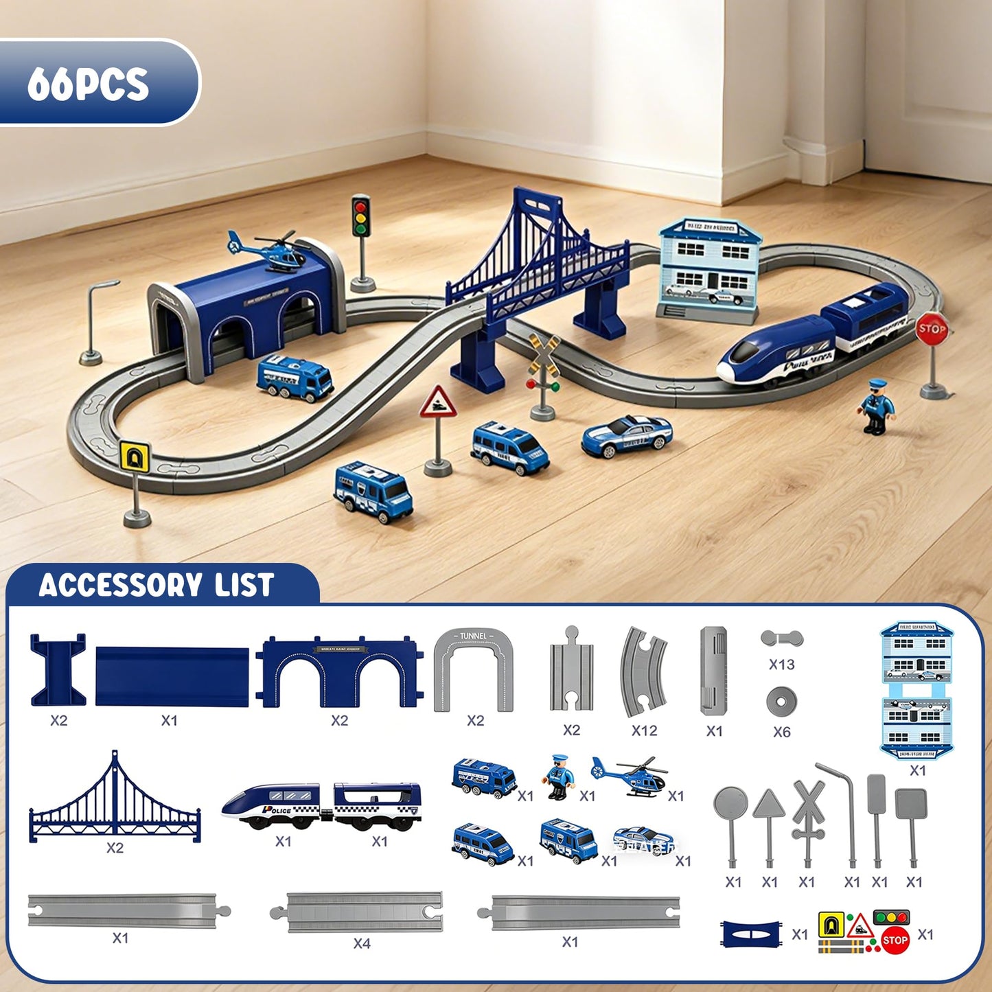 Wdmiya Train Sets for Toddlers, 66 Pcs Trains Toy with Battery Operated & Tracks (Magnetic Connection), Compatible with Thomas, Brio, Christmas Toy Gifts for 3 4 5 6 7 8 Years Old (Police)