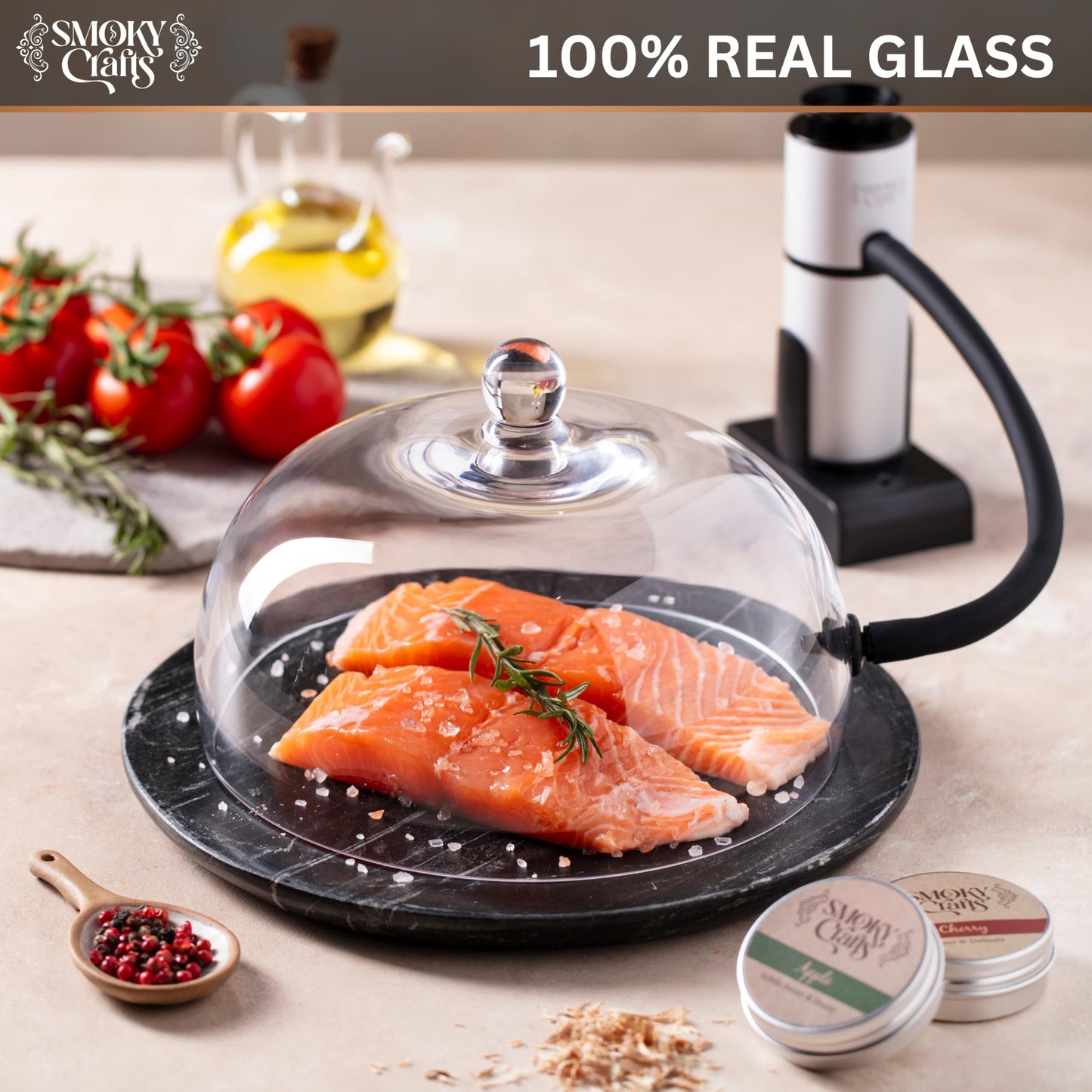 Smoky Crafts Food and Drink Smoker Kit with Smoke Gun, 8" Smoking Cloche Glass Dome, Acacia Cocktail Smoke Top and Wood Chips (Apple & Cherry) - Whiskey Smoker Kit - Gifts for Men