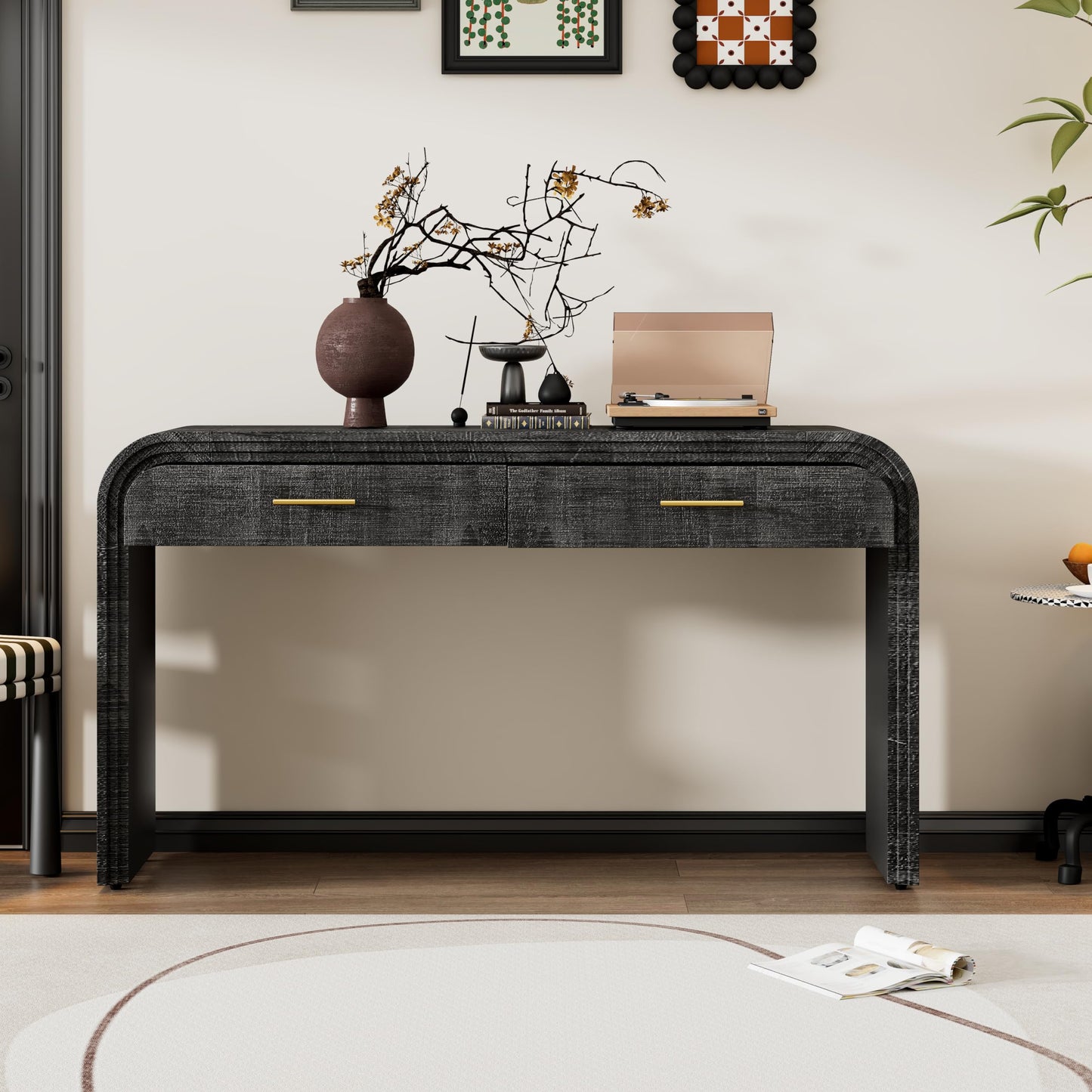 GDFStudio 59" Retro Console Table with Drawers, Narrow Entryway Cabinet Sofa Table with Fluted Details & Distressed Finish, Wood Sideboard Buffet Tables for Living Room Dining Room, Antique Black-1