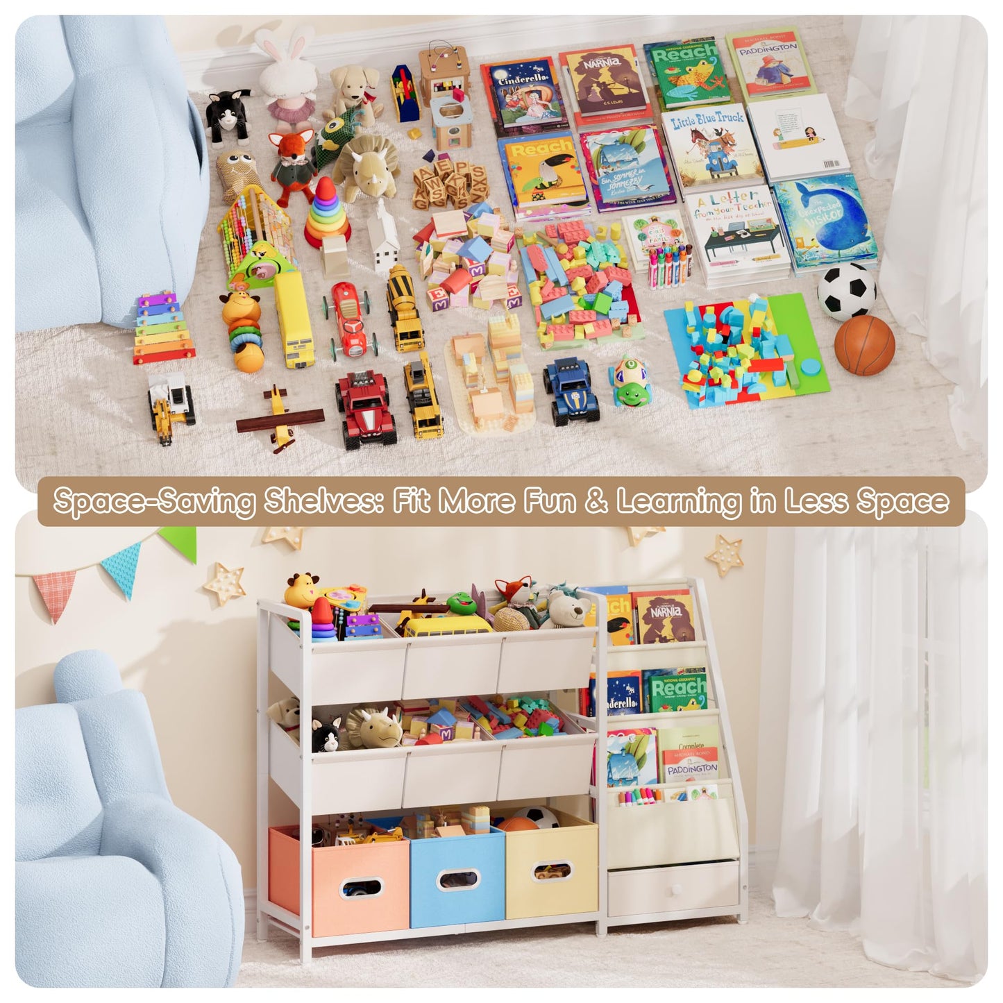 HAVLOTII Toy Storage Organizer - Kids Bookshelf and Toy Storage with 3 Book Shelf and 10 Storage Bins, Montessori Playroom Storage for Toddler, Baby, Book Shelf for Kids Rooms