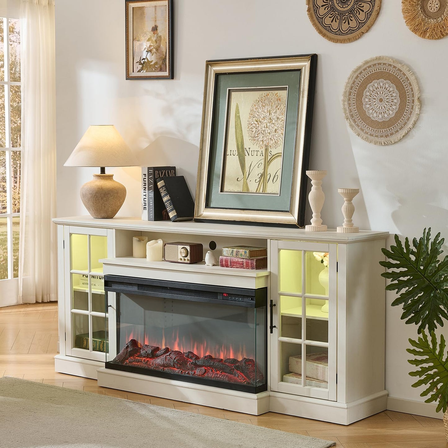 ROCKPOINT 3 Sided Glass 70" Fireplace TV Stand for TVs up to 80inch, Media Entertainment Center with Glass Door Storage Cabinet,36" Electric Fireplace with LED Light and Flame Colors, White