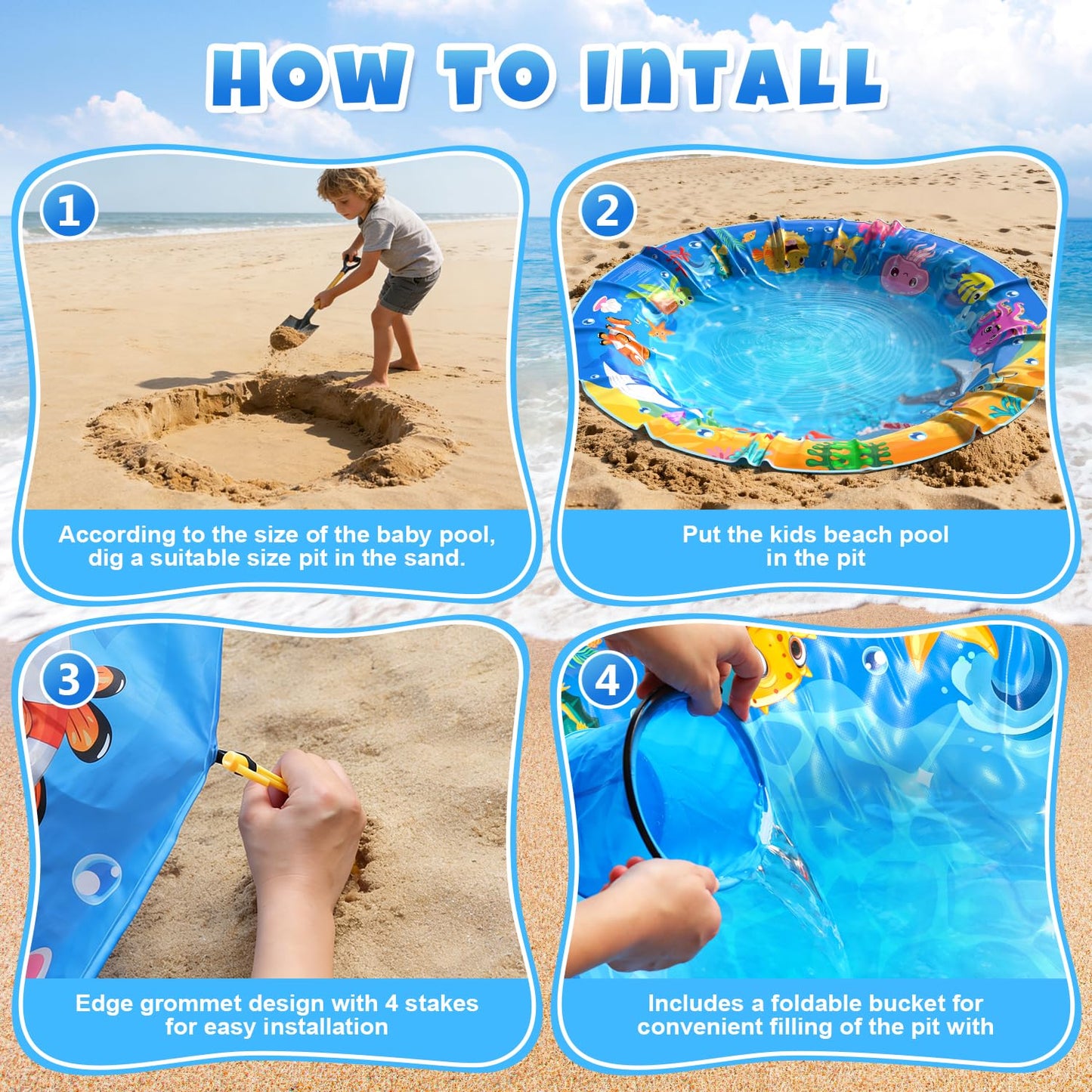 4.9 X 4.9 Feet Baby Beach Pool, Waterproof Beach Pool Blanket for Toddler, 2 in 1 Toddler Paddling Pool with Carrying Bag, Collapsible Beach Puddle Mat for Boys Girls Kids Infant Outdoor Beach Toys