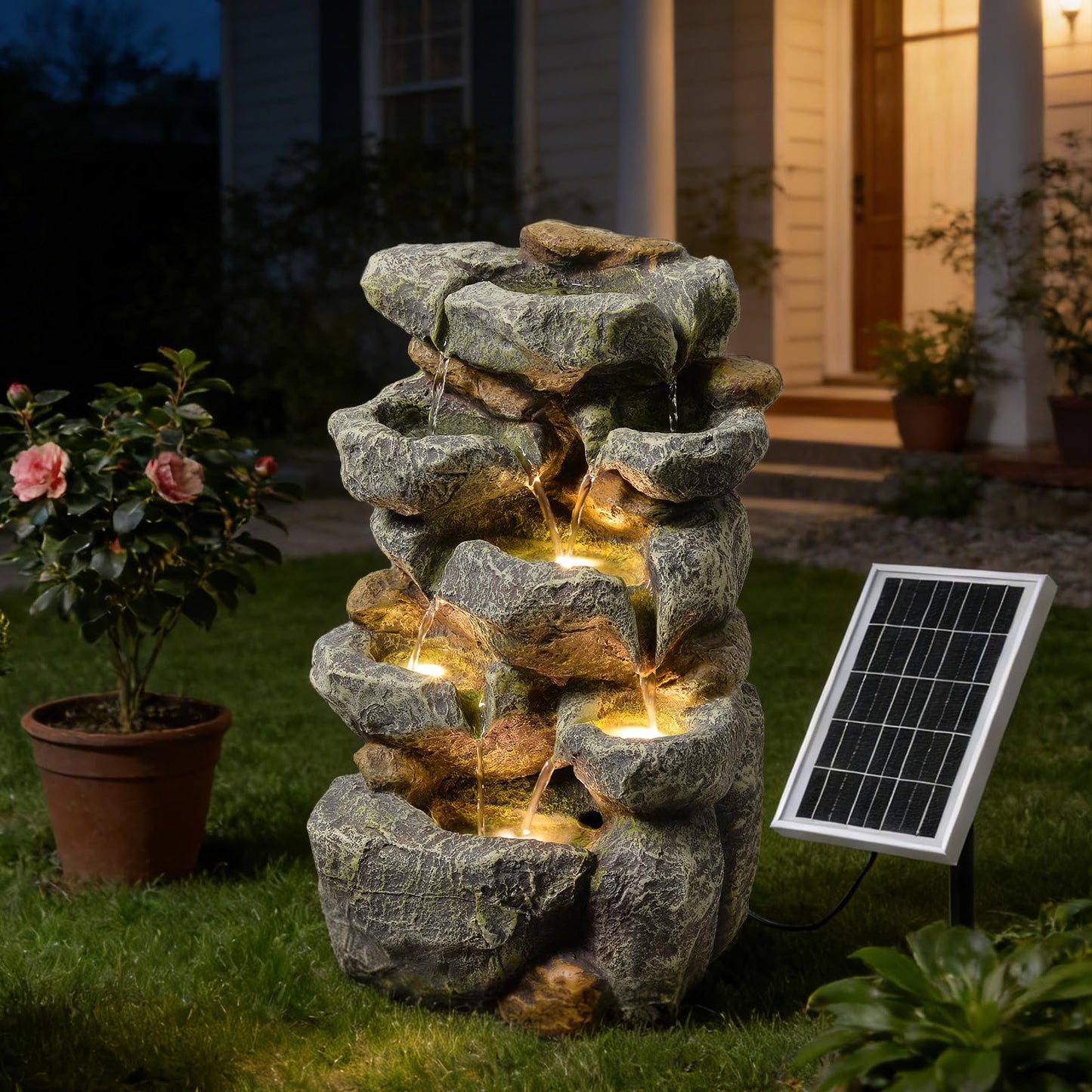 Solar Water Fountain Outdoor Garden,5 Tiered Cascading Rock Solar Powered Water Fountain Water Fall Fountains Outside with Lights for Backyard, Patio, Deck, Porch, 19.3" H x 12.2" L x 9.5" W